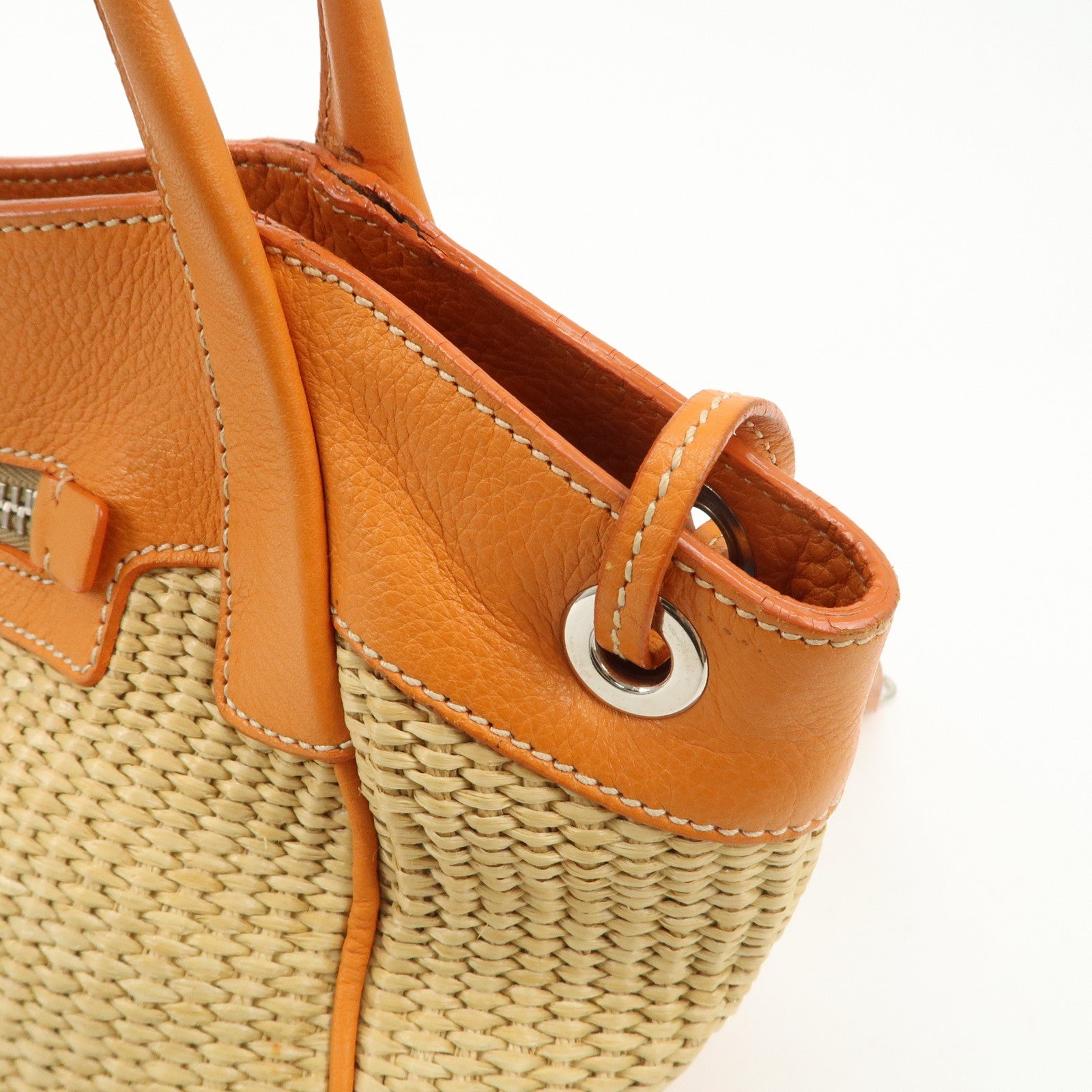 PRADA Triangle Logo Raffia Leather Shoulder Bag Beige Orange