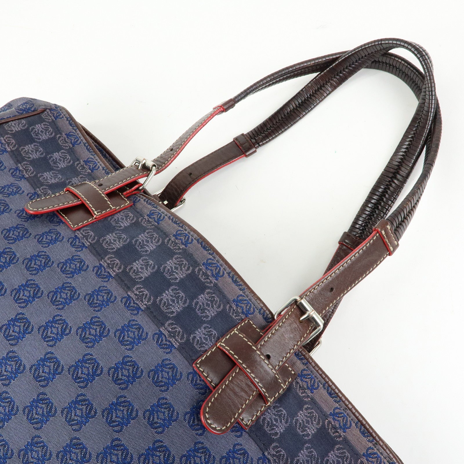 LOEWE Repeat Anagram Canvas Leather Tote Bag Hand Bag Blue Brown