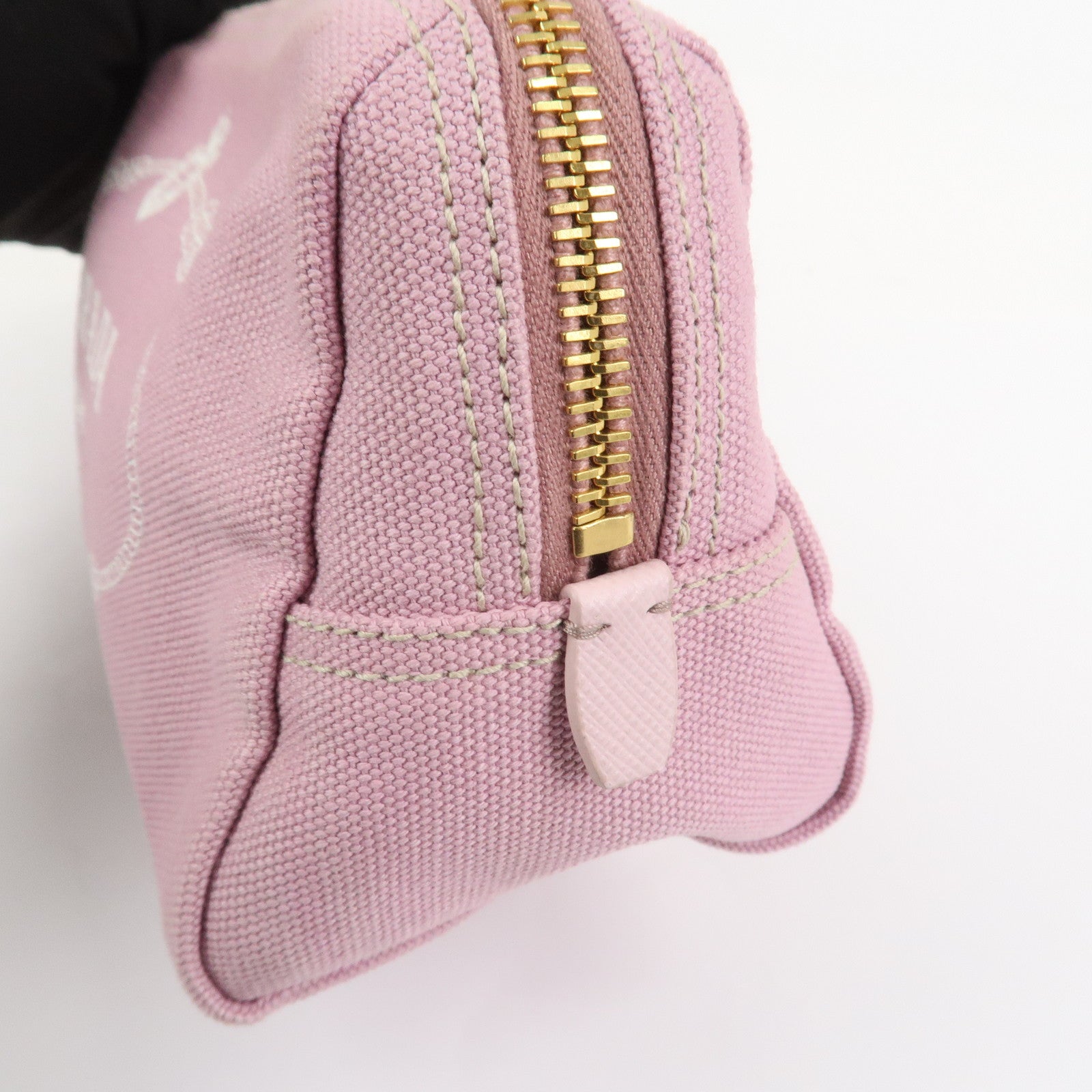 PRADA Logo Canapa Canvas Cosmetic Pouch Makeup Bag Pink 1NA693