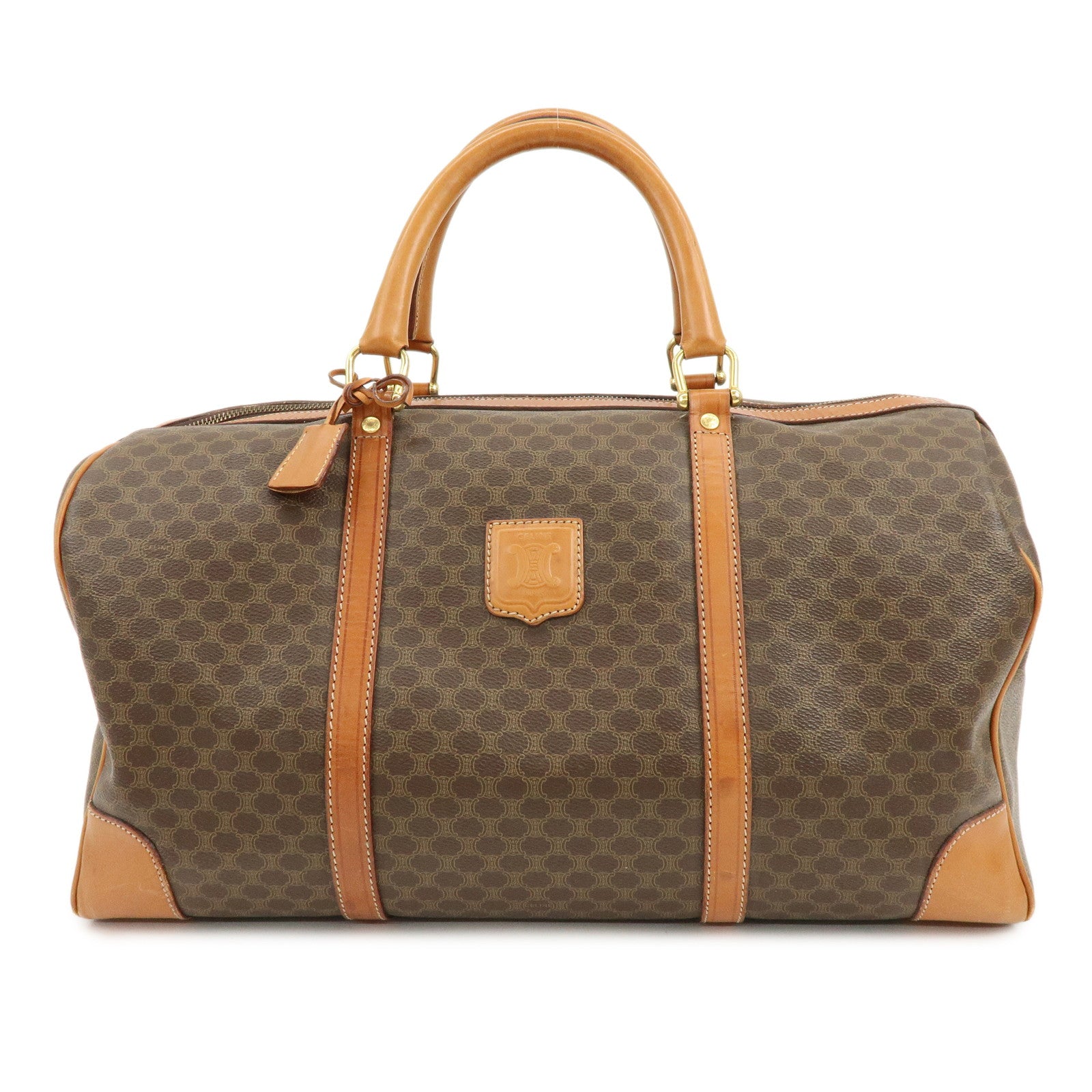 CELINE Macadam PVC Coated Canvas Leather Boston Bag Hand Bag Brown