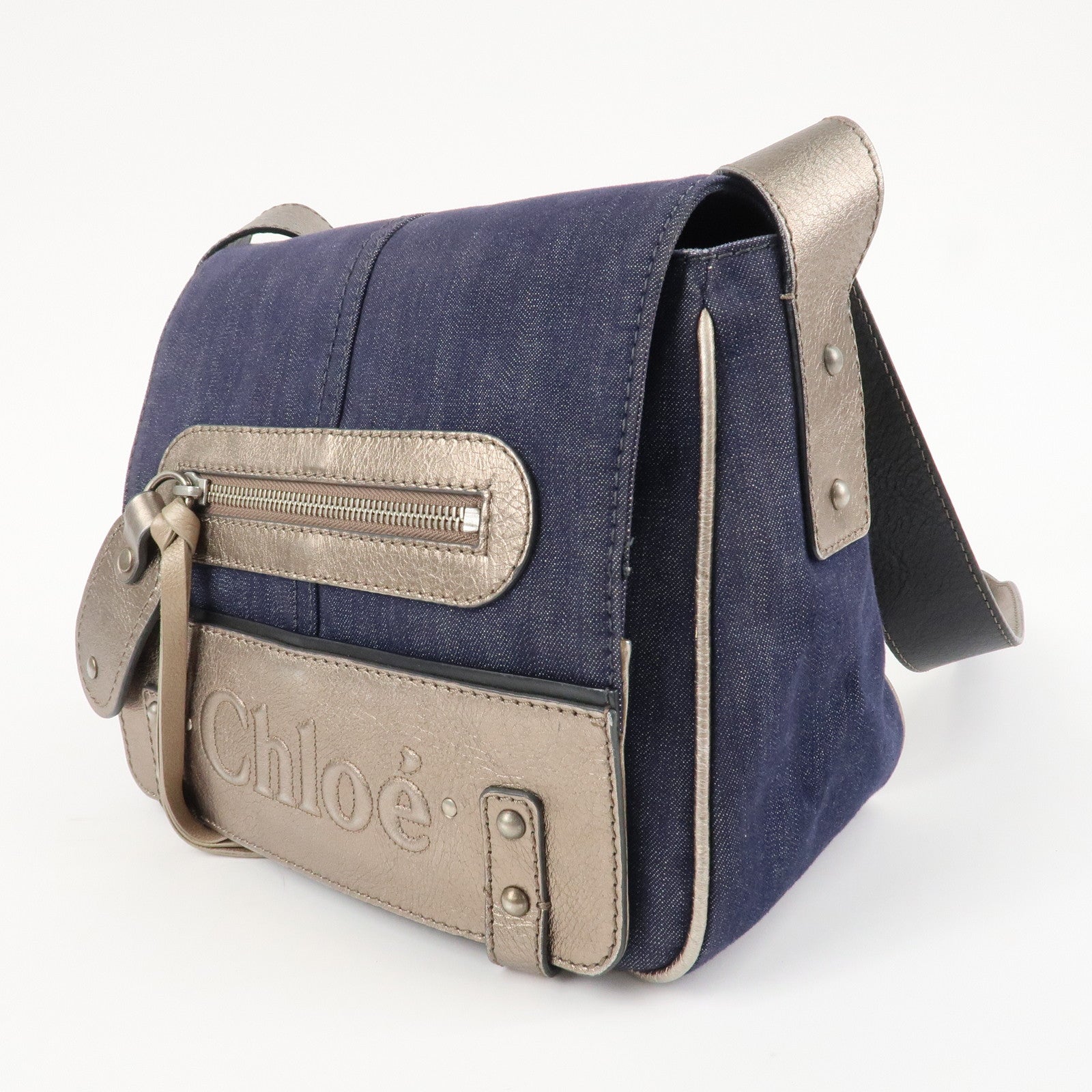 Chloe Denim Leather Shoulder Bag Crossbody Bag Indigo Blue Silver Used