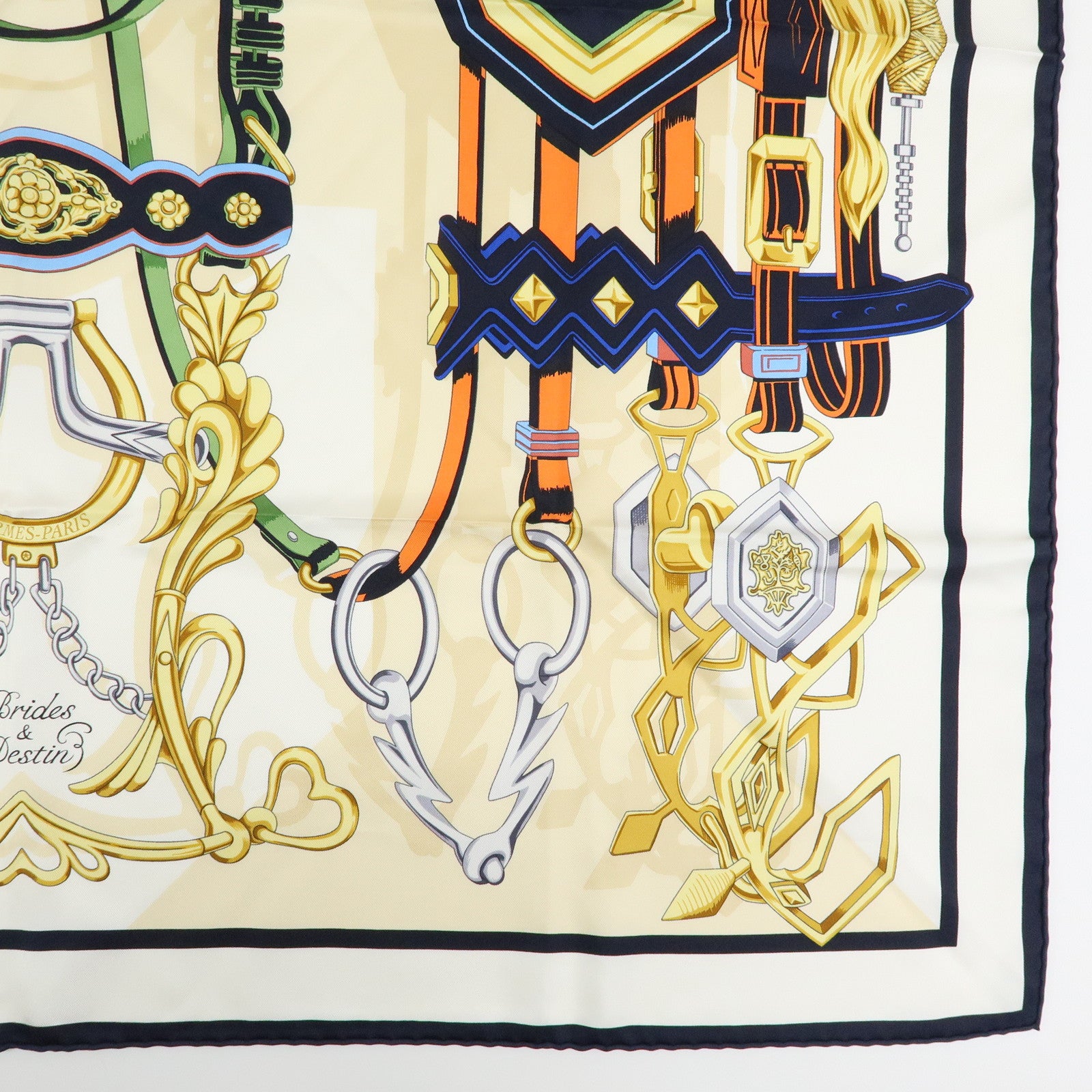 HERMES Carre 90 Silk 100% Scarf BRIDES ET DESTIN Beige Black Gold