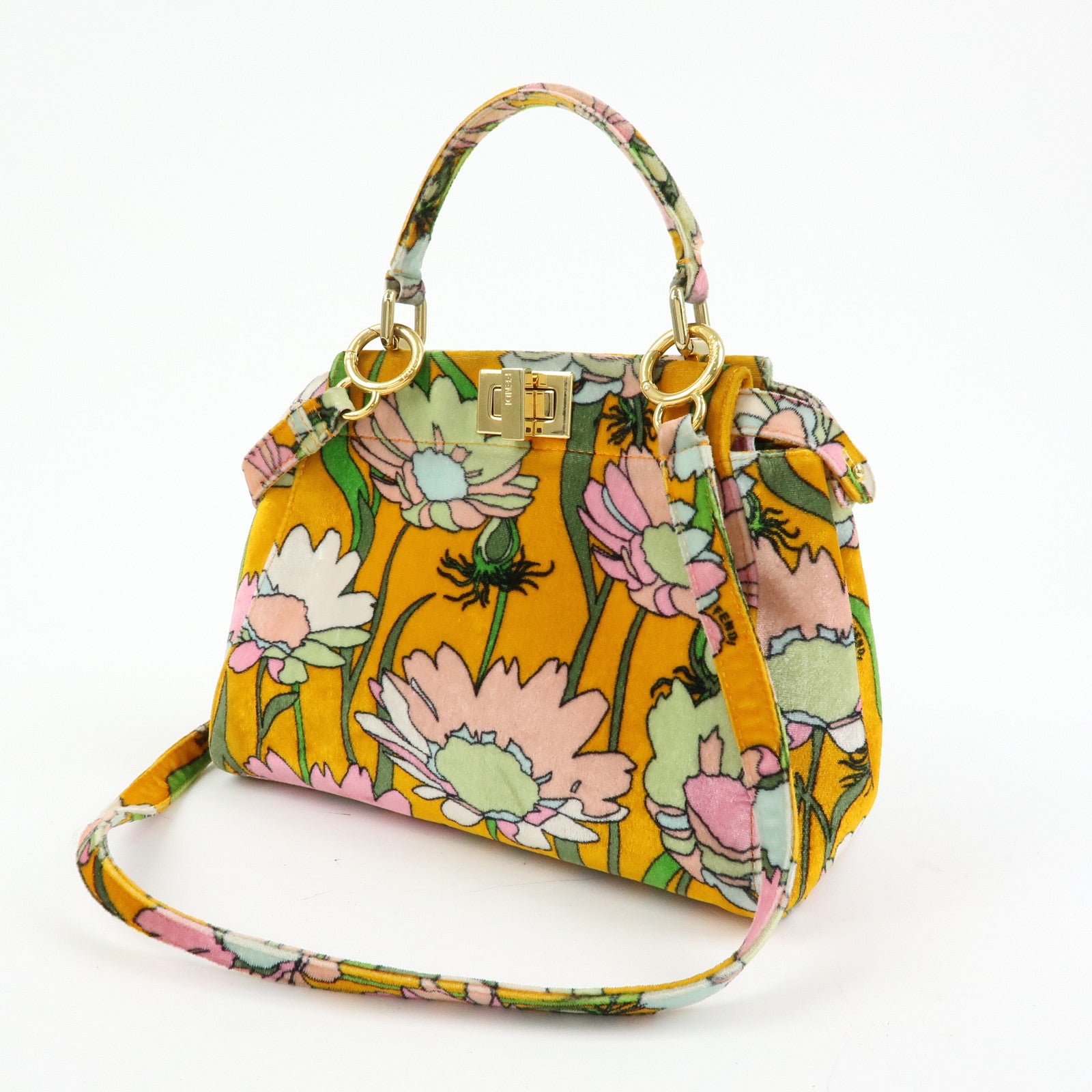 FENDI Peekaboo Mini Velour 2Way Hand Bag Flower Motif Orange 8BN244