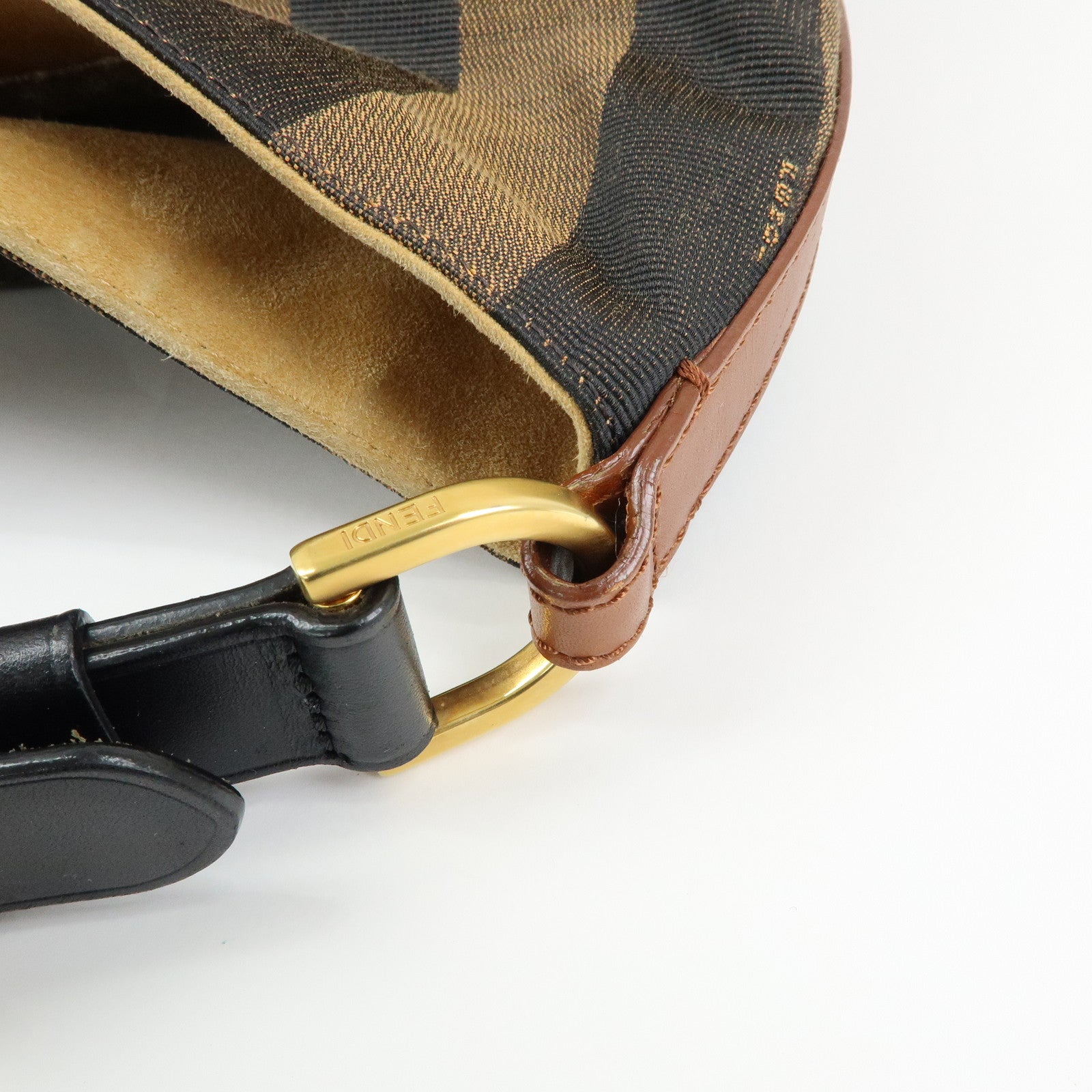 FENDI Pequin Canvas Leather Shoulder Bag Brown Black 8BR653