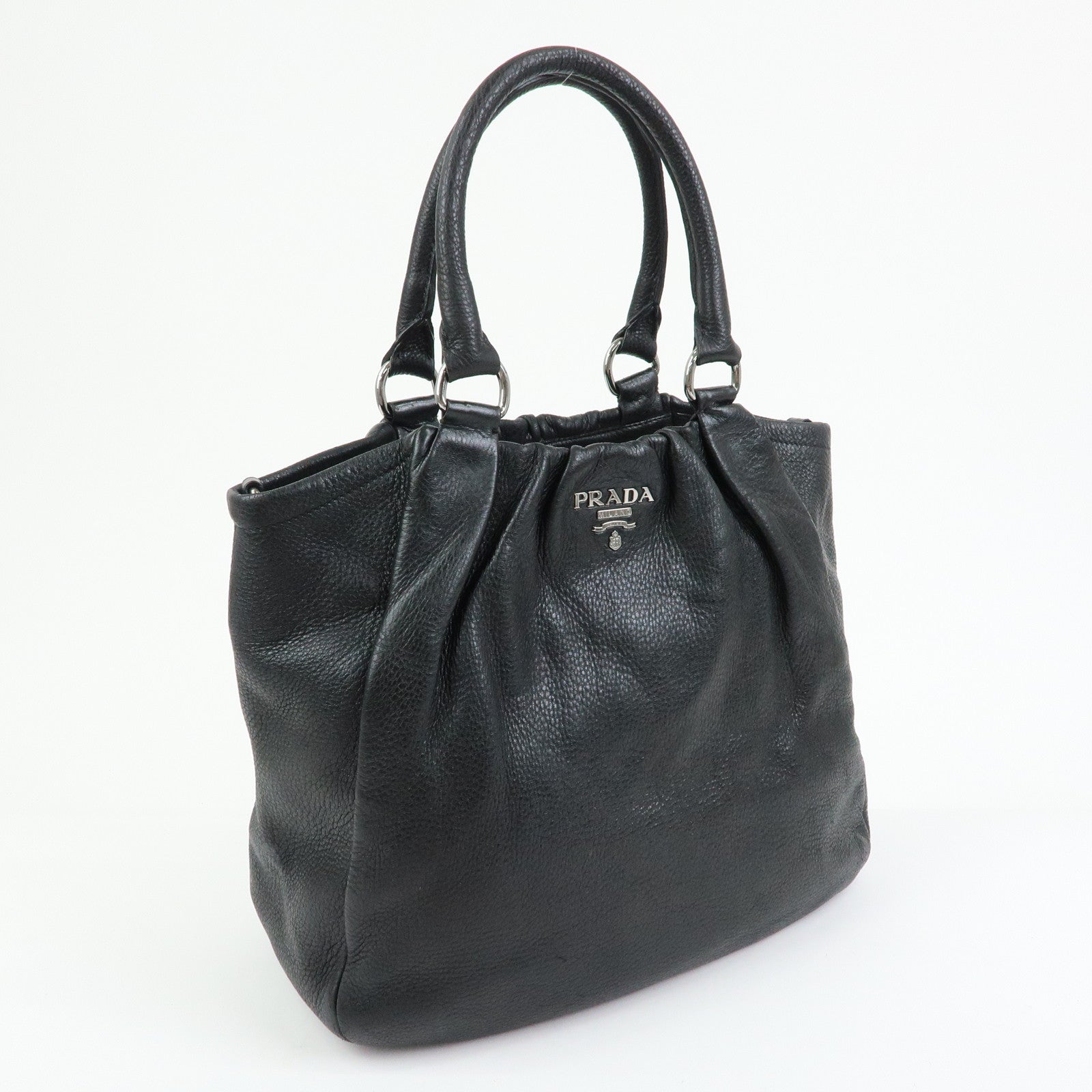 PRADA Logo Leather Tote Bag Shoulder Bag Hand Bag Black