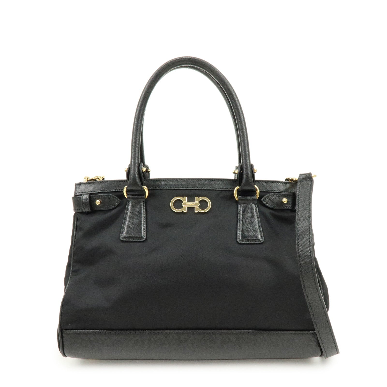 Ferragamo Gancini Nylon Leather 2Way Bag Hand Shoulder Bag Black