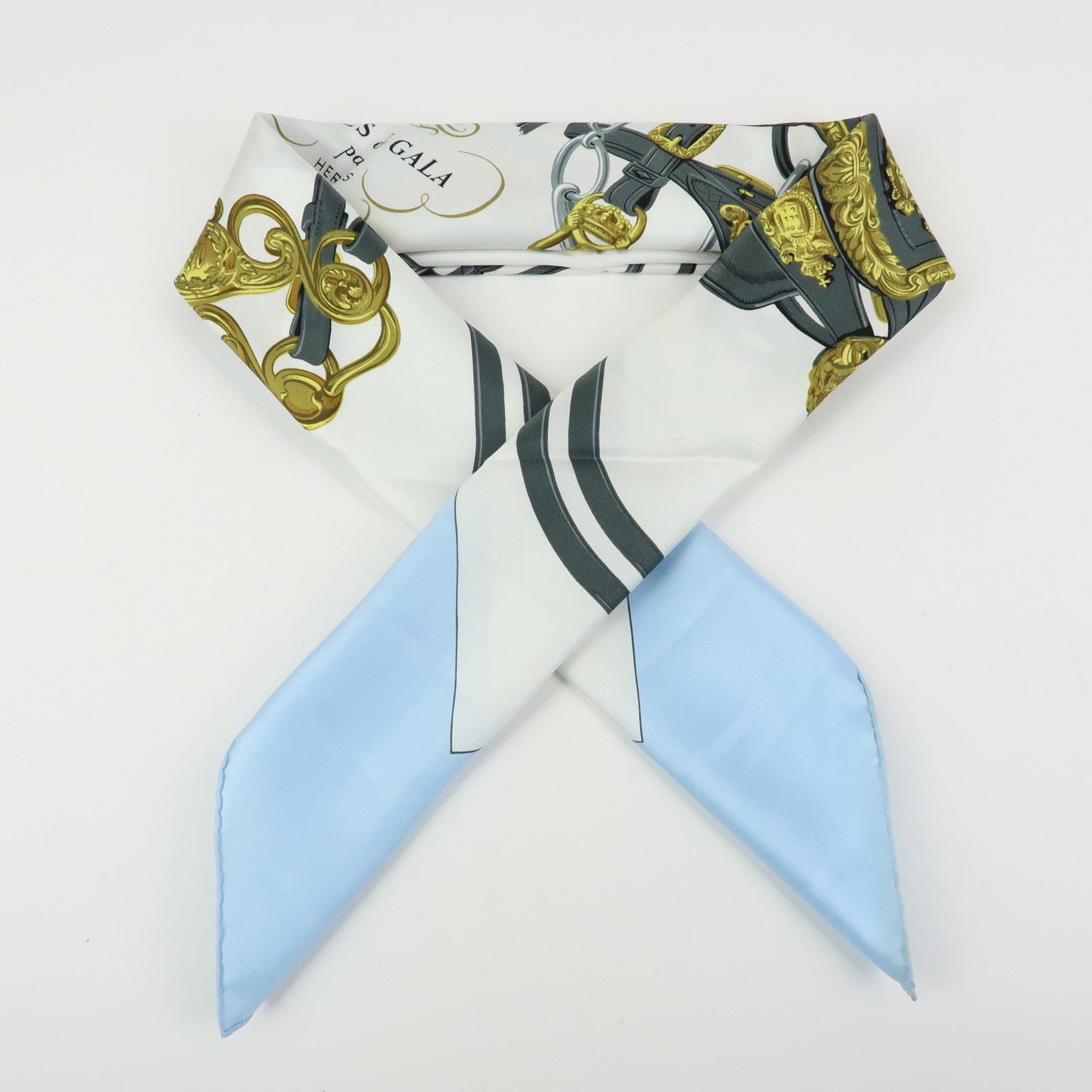 HERMES Carre 90 Silk 100% Scarf Brides de Gala Gray Light Blue Gold