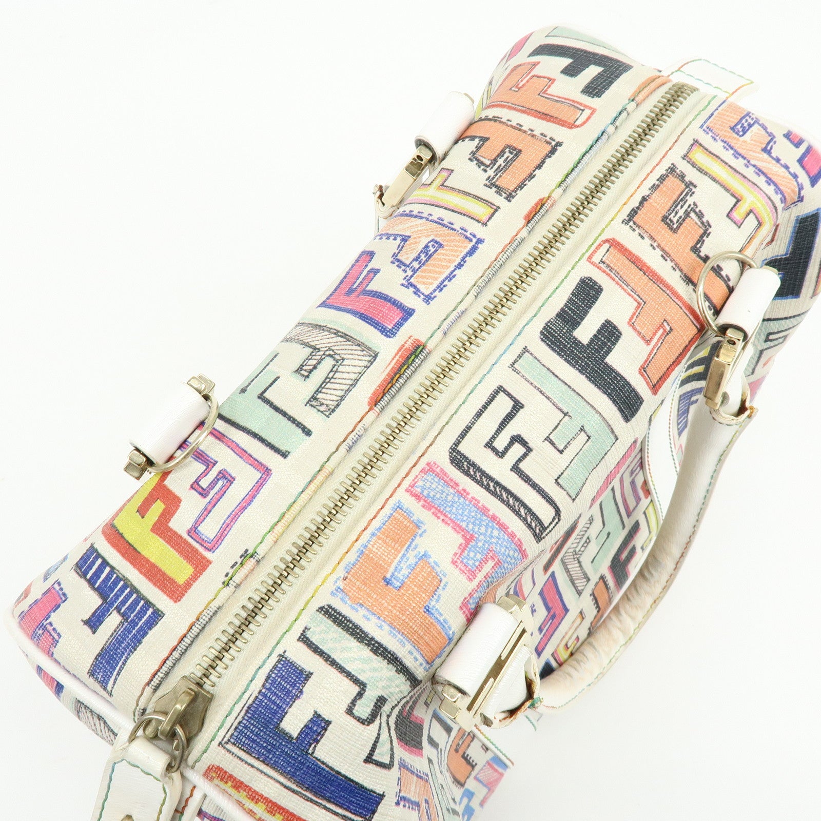 FENDI Zucca PVC Canvas Leather Boston Bag White Multicolor 8BL068