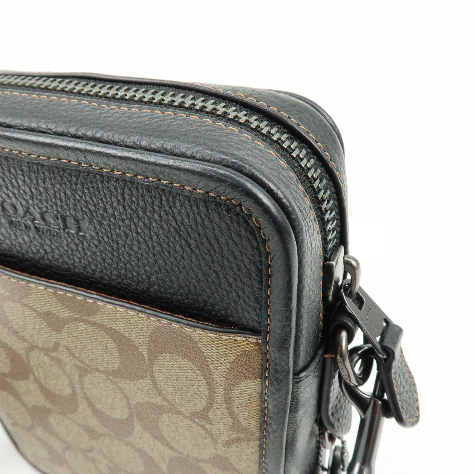 COACH Signature PVC Leather Shoulder Bag Crossbody Bag Black Beige