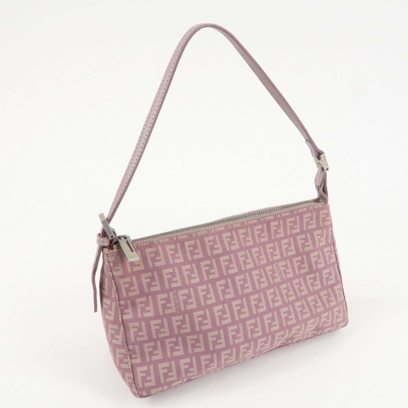 FENDI Zucchino Canvas Leather Shoulder Bag Pink 8BR267 Used