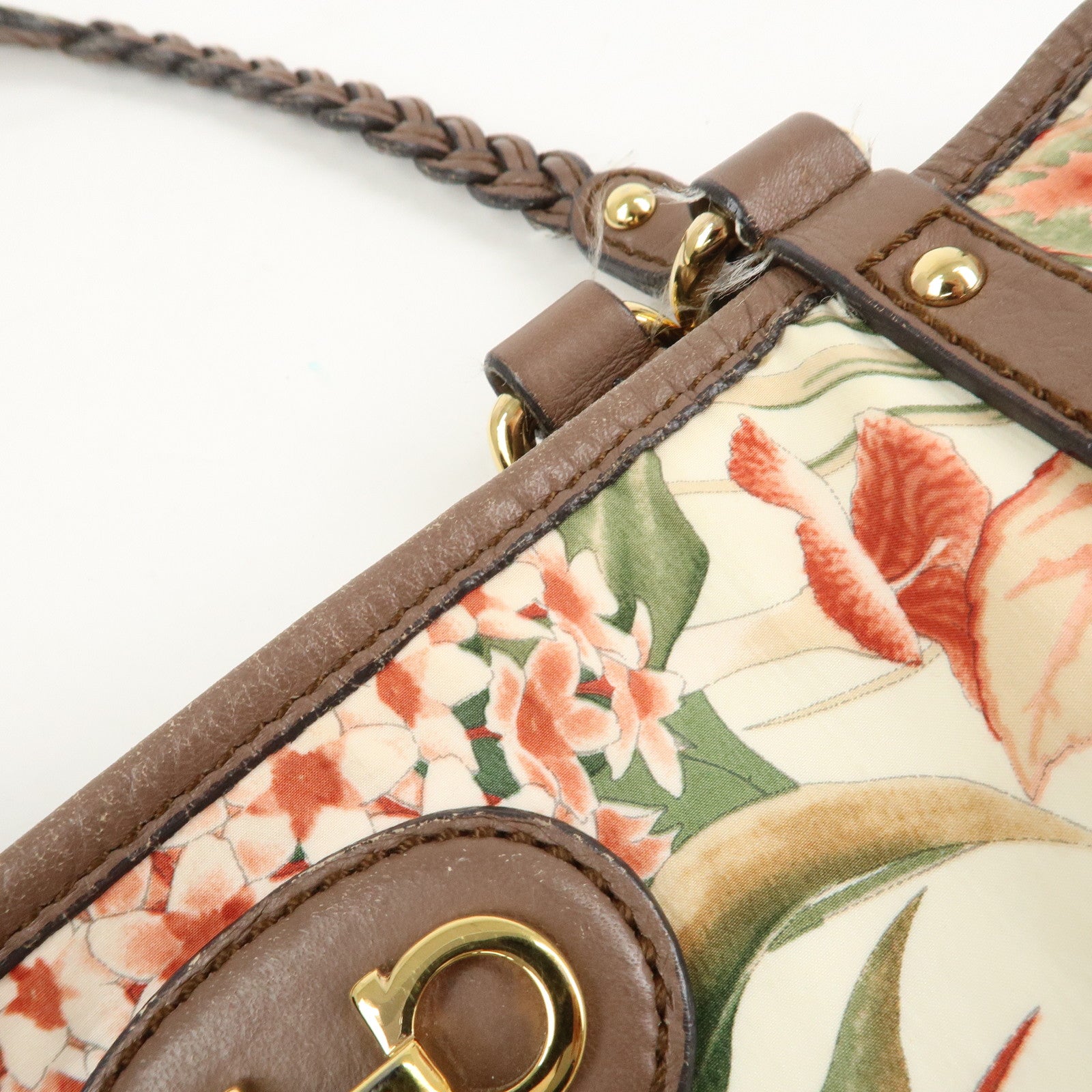 Ferragamo Gancini Leather Nylon Tote Bag Ivory Multicolor