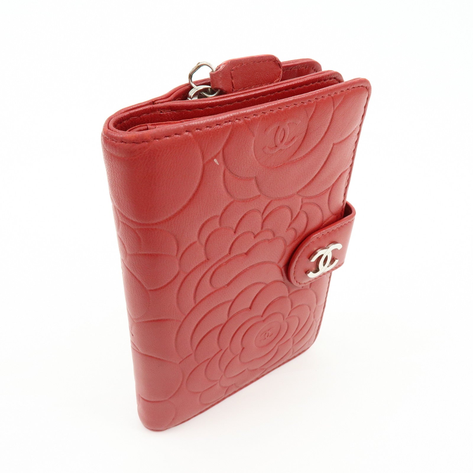CHANEL Camellia COCO Mark Lamb Skin Bi-fold Compact Wallet Red