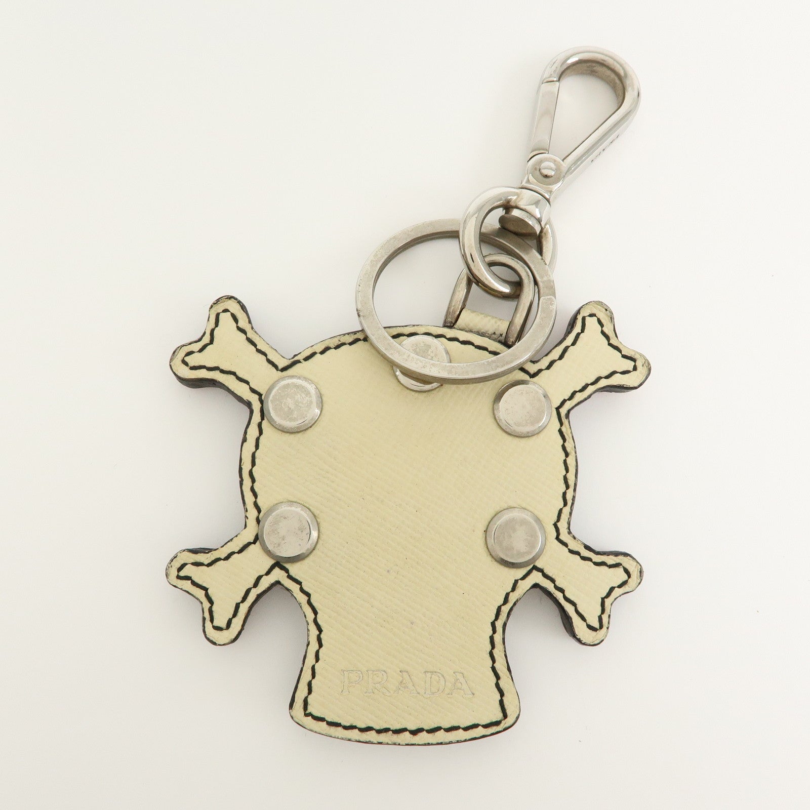 PRADA Saffiano Leather Metal Skull Bag Key Charm Key Holder Ivory