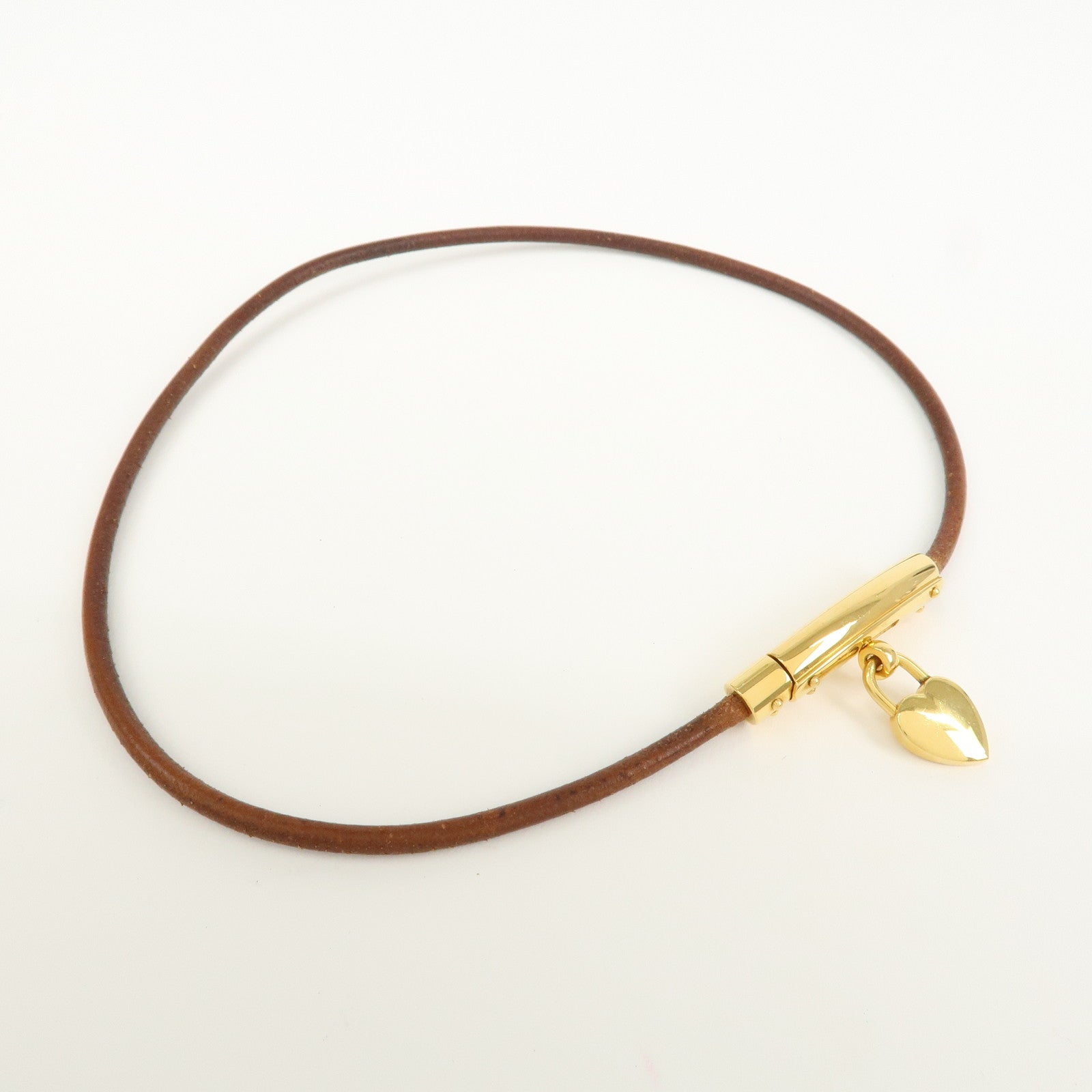 HERMES Leather Viviride Coeur Heart Cadena Necklace Choker Gold