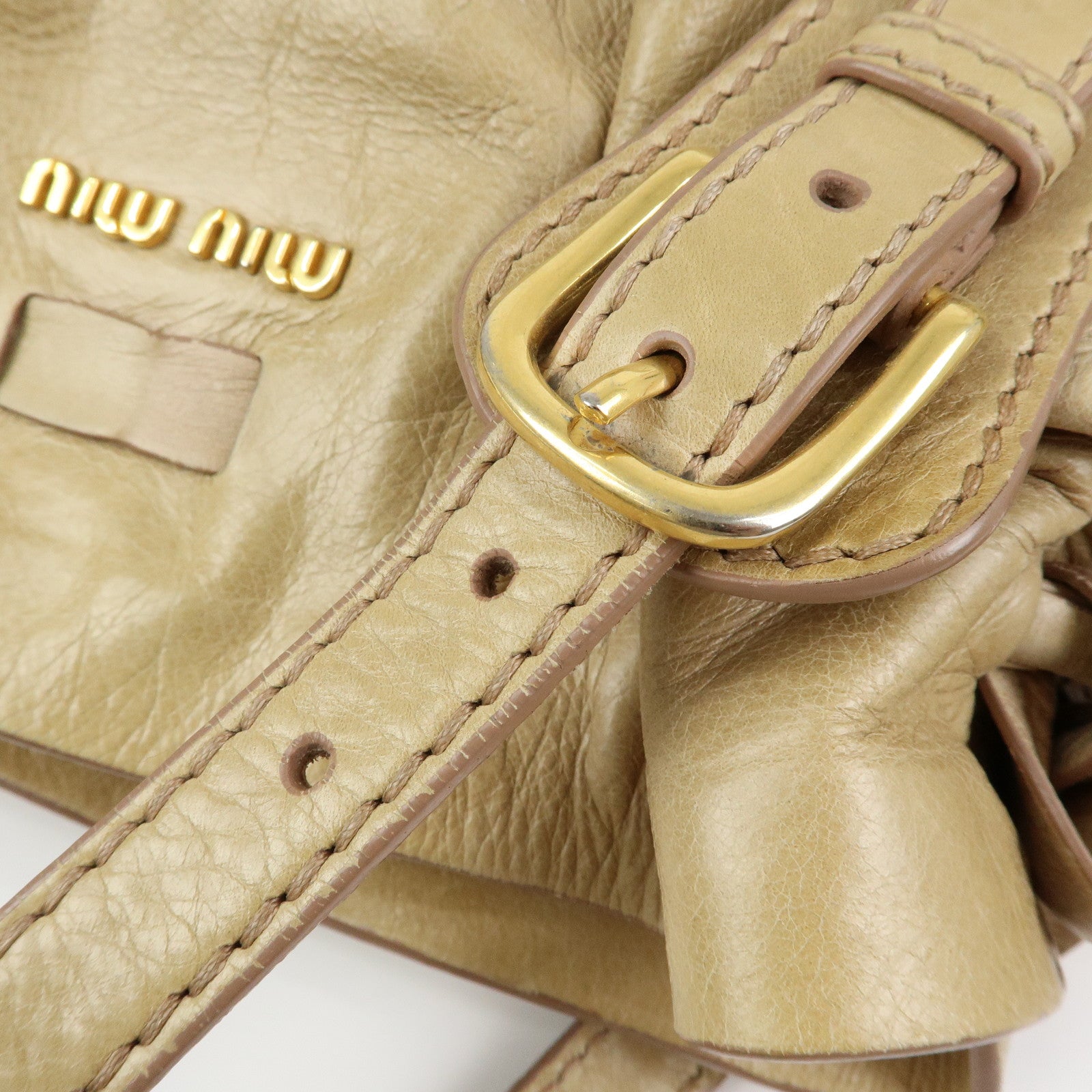 MIU MIU Logo Side Ribbon Leather Shoulder Bag Tote Bag Beige