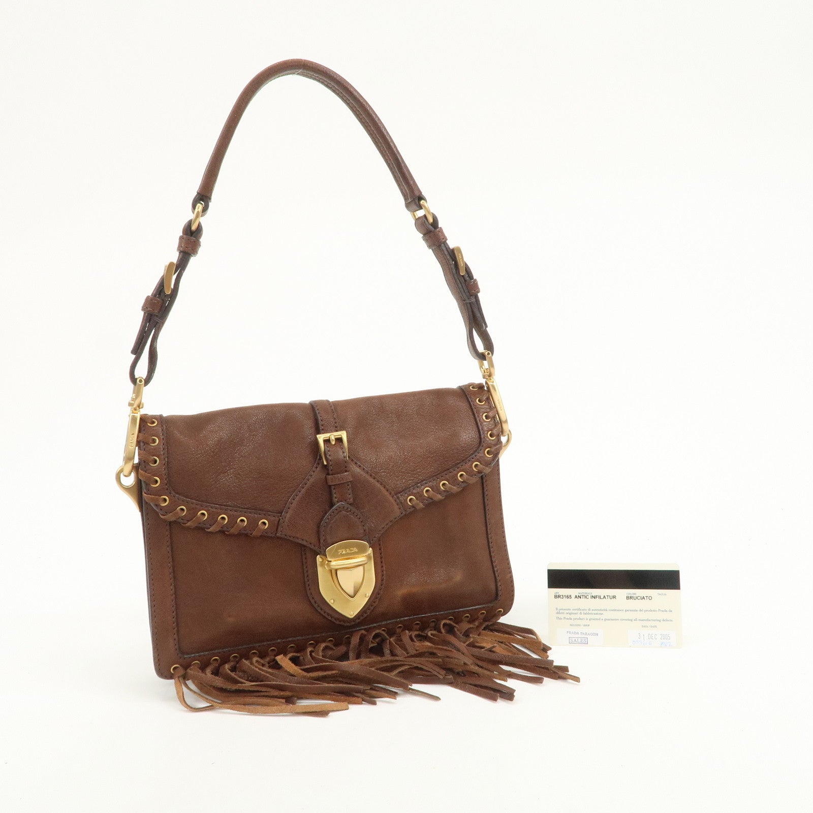 PRADA Fringe Leather 2Way Bag Shoulder Bag Clutch Bag Brown BR3165