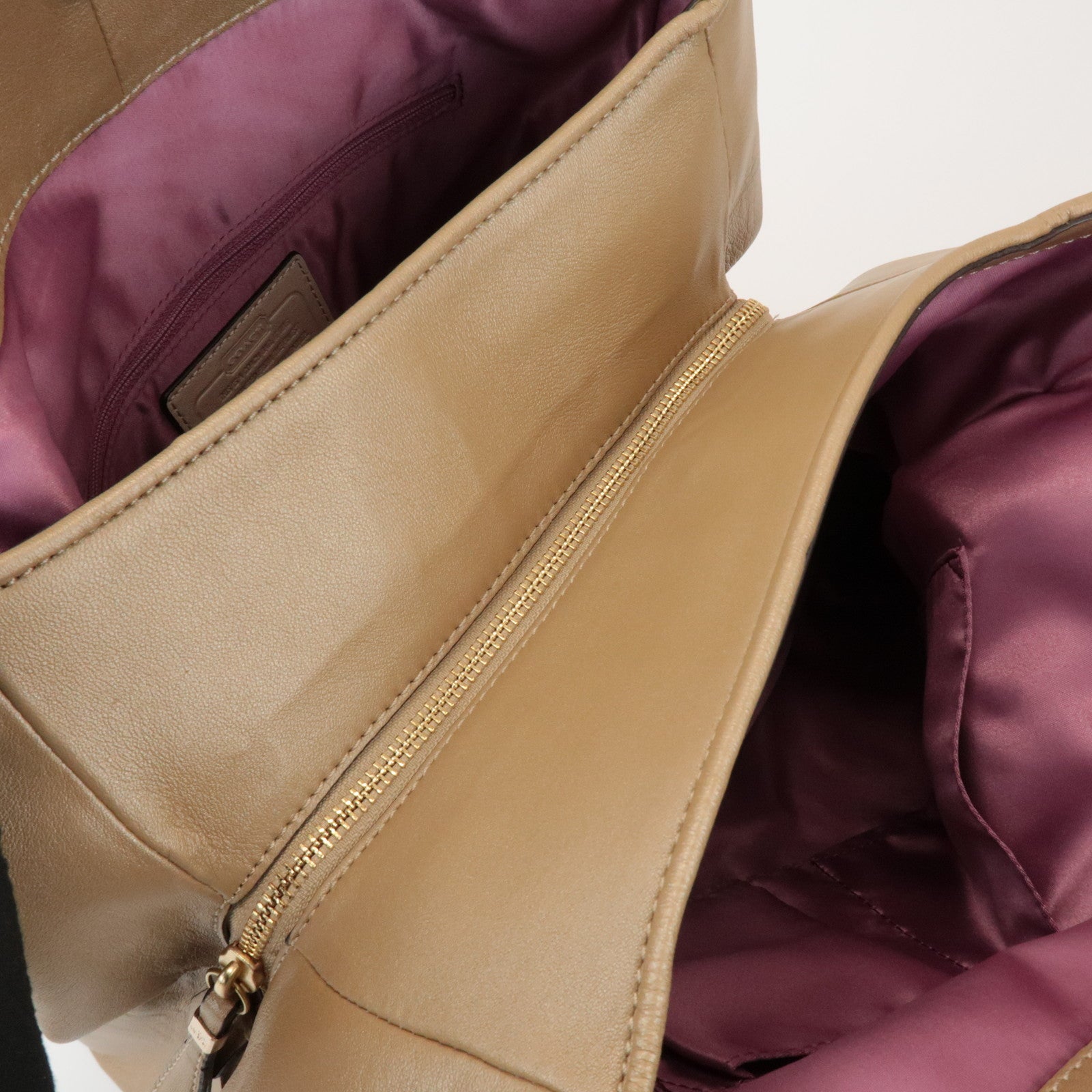 COACH Op Art Satin Leather Shoulder Bag Hand Bag Gold Beige