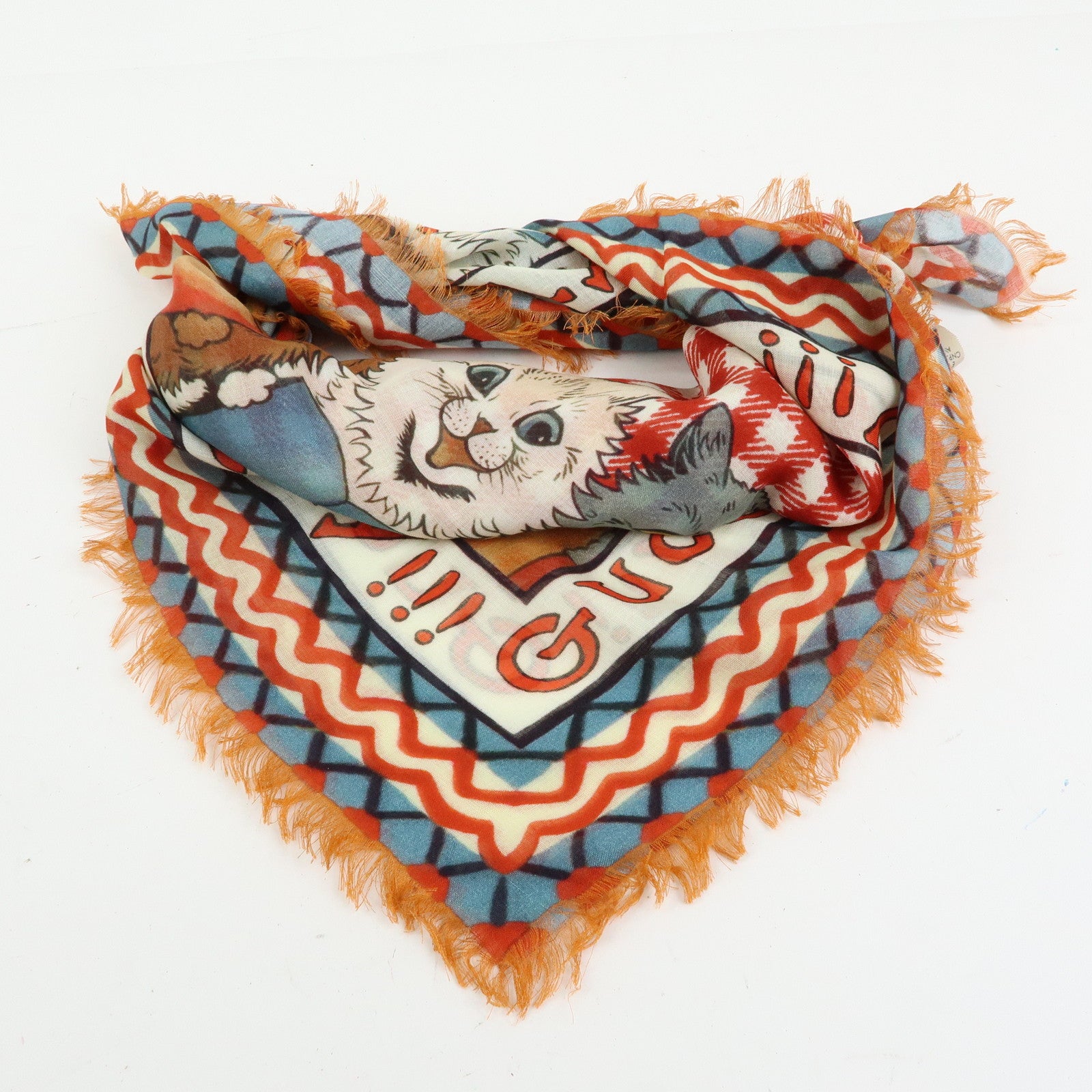 GUCCI Rayon Silk Scarf 5 Cats Print Gingham Red