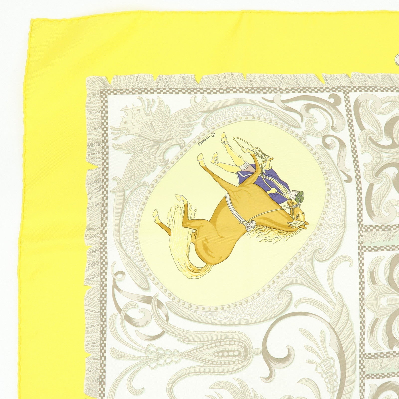 HERMES Carre 90 Silk 100% Scarf LA PRESENTATION Yellow Beige
