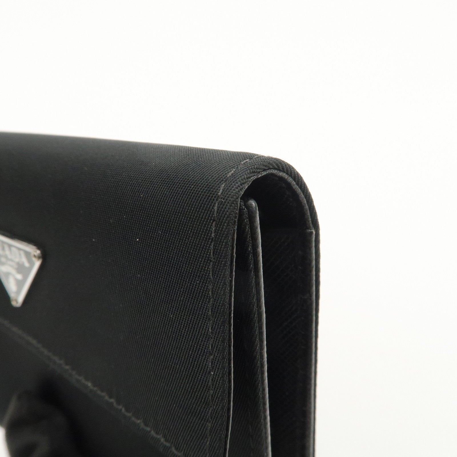 PRADA Triangle Logo Nylon Leather Tri-fold Compact Wallet Black