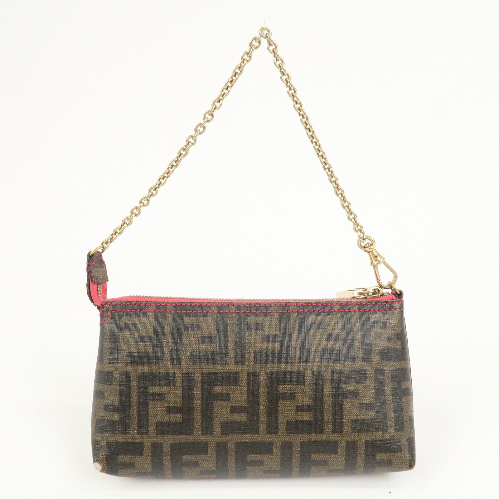 FENDI Zucca PVC Chain Accessory Pouch Hand Bag Brown 8BR592