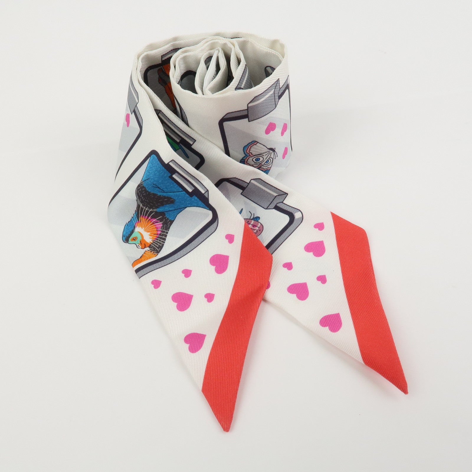 HERMES Twilly Silk 100% HERMES STORY Scarf White