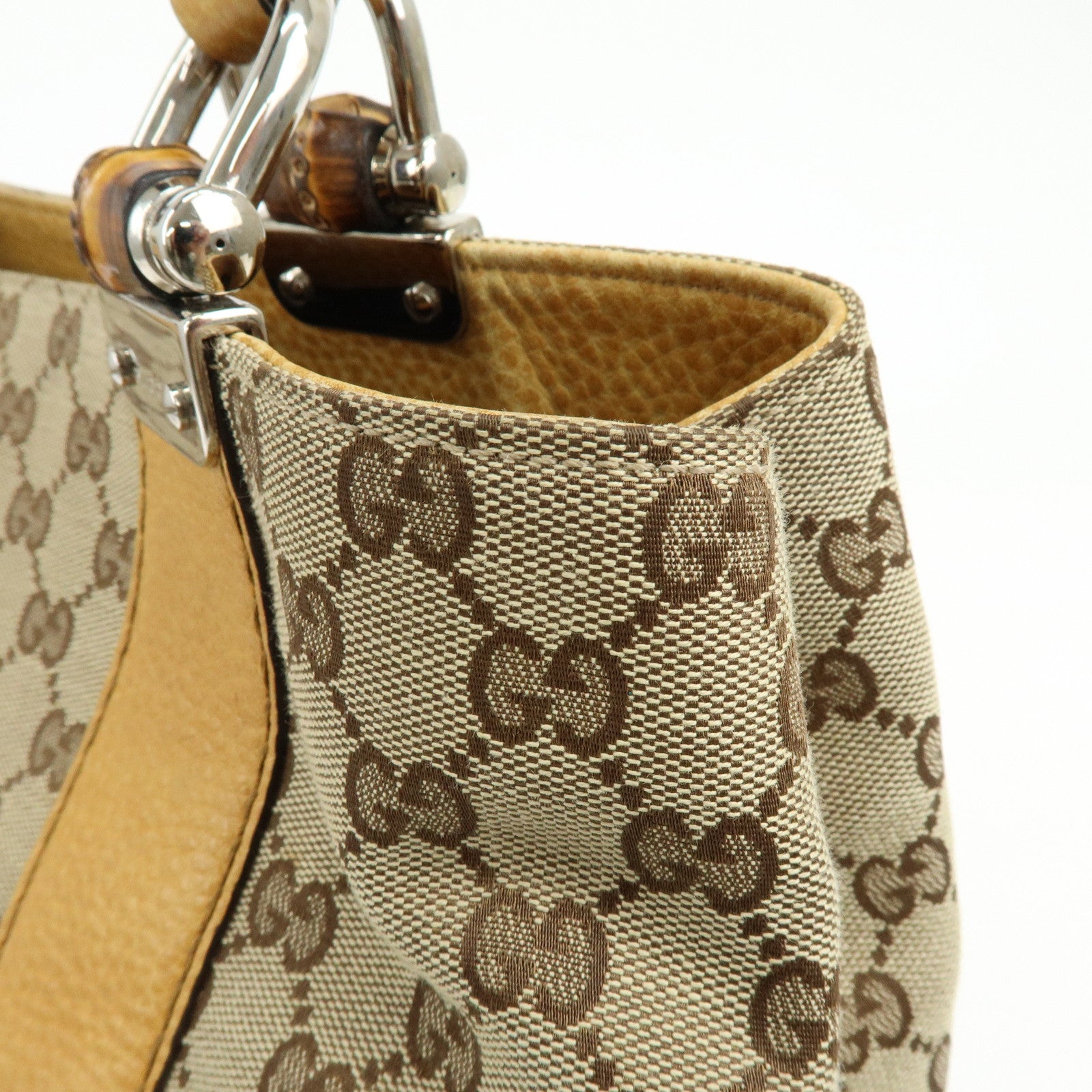 GUCCI Bamboo GG Canvas Leather Tote Bag Beige Yellow 232947