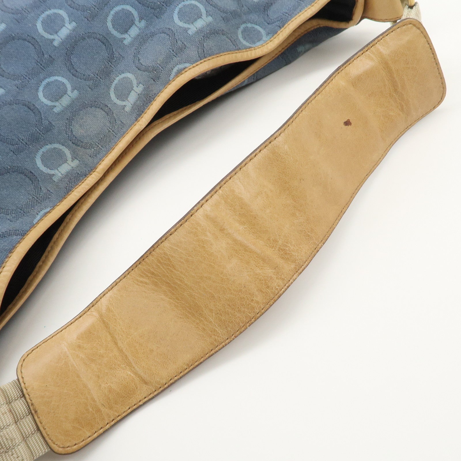 Ferragamo Gancini Canvas Leather Shoulder Bag Hand Bag Blue Beige