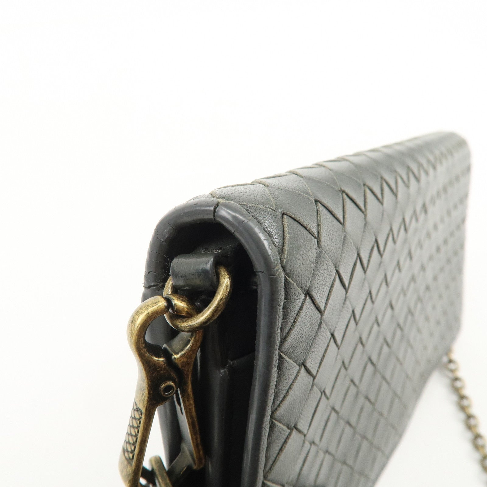 BOTTEGA VENETA Intrecciato Leather Chain Long Wallet Gray