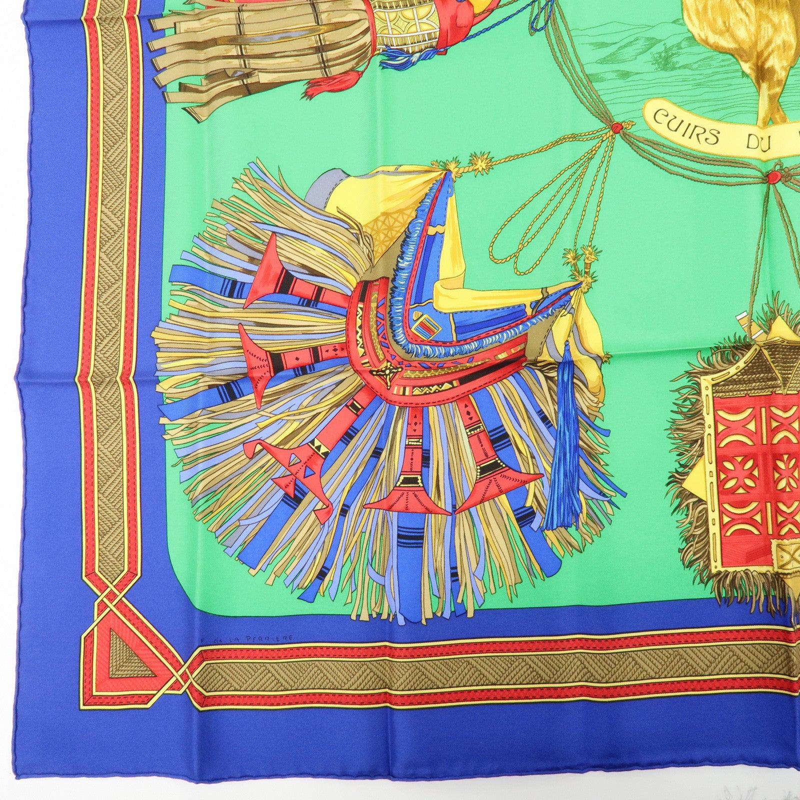 HERMES Carre 90 Silk 100% Scarf CUIRS DU DESERT Green Blue