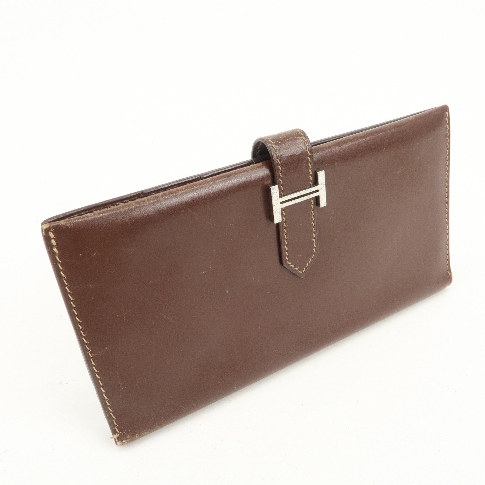 HERMES Béarn Classic Leather Long Wallet F Stamped Brown