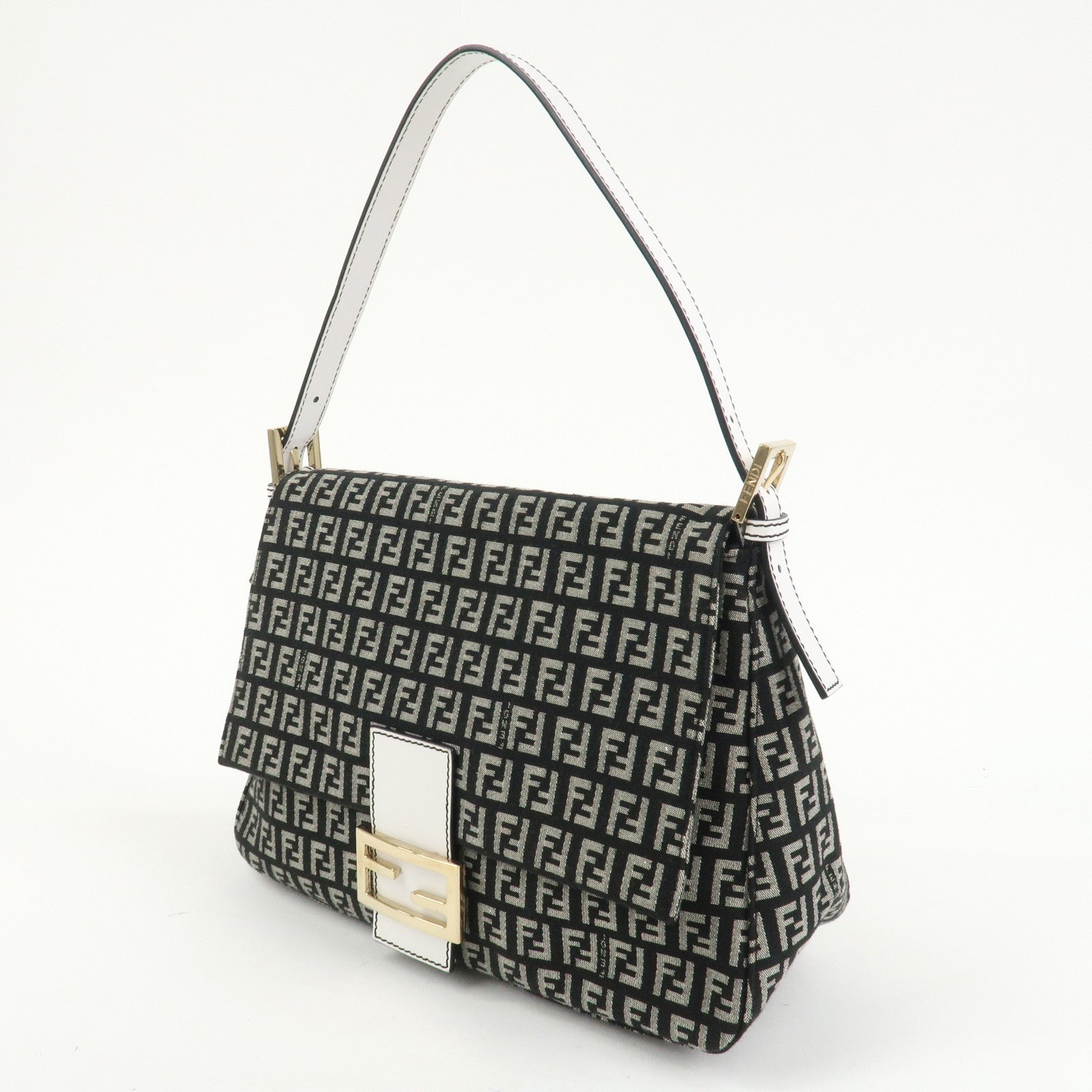 FENDI Mamma Baguette Zucchino Leather Canvas Shoulder Bag 8BR001