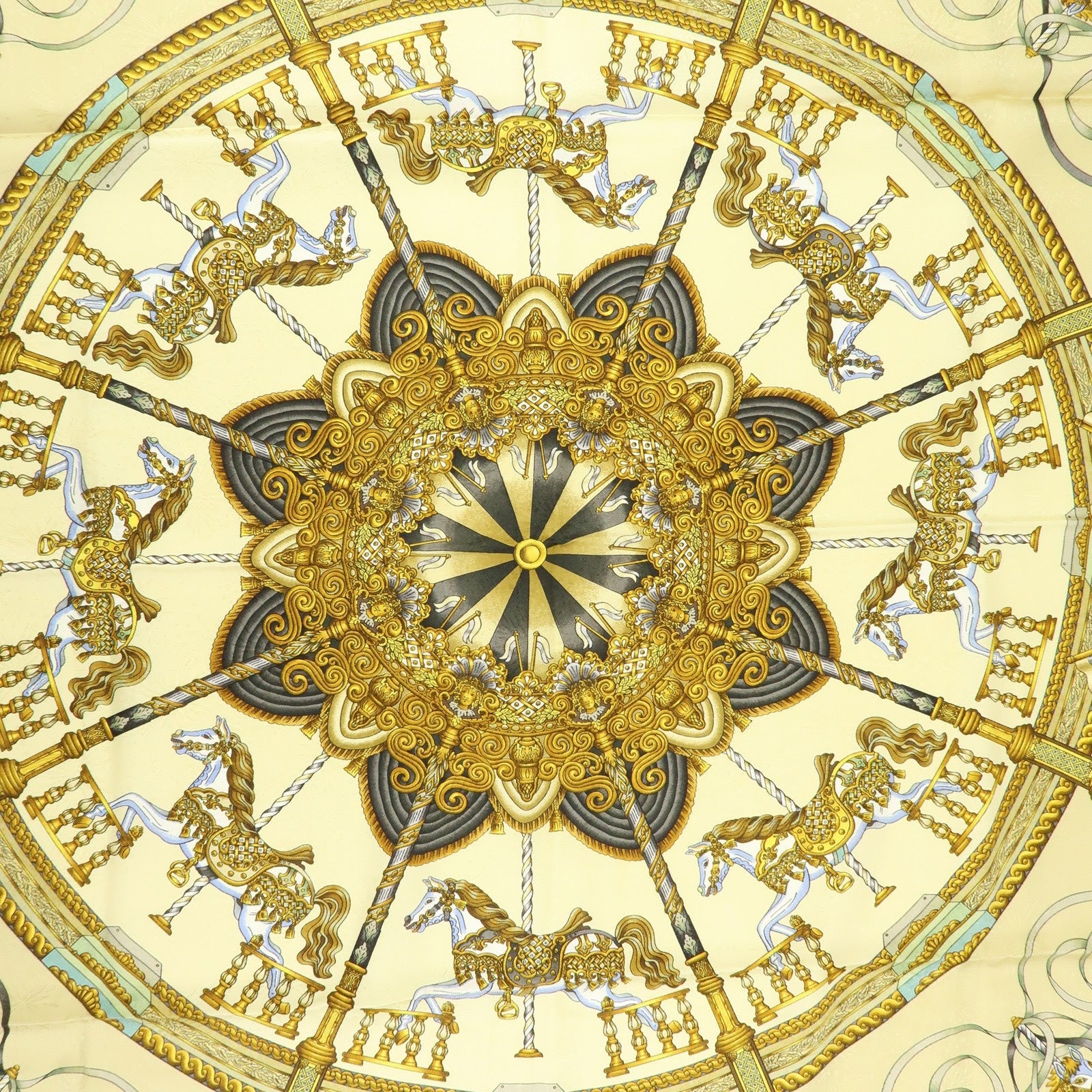 HERMES Carre 90 Silk 100% Scarf LUNA PARK Carousel Print Gold Green