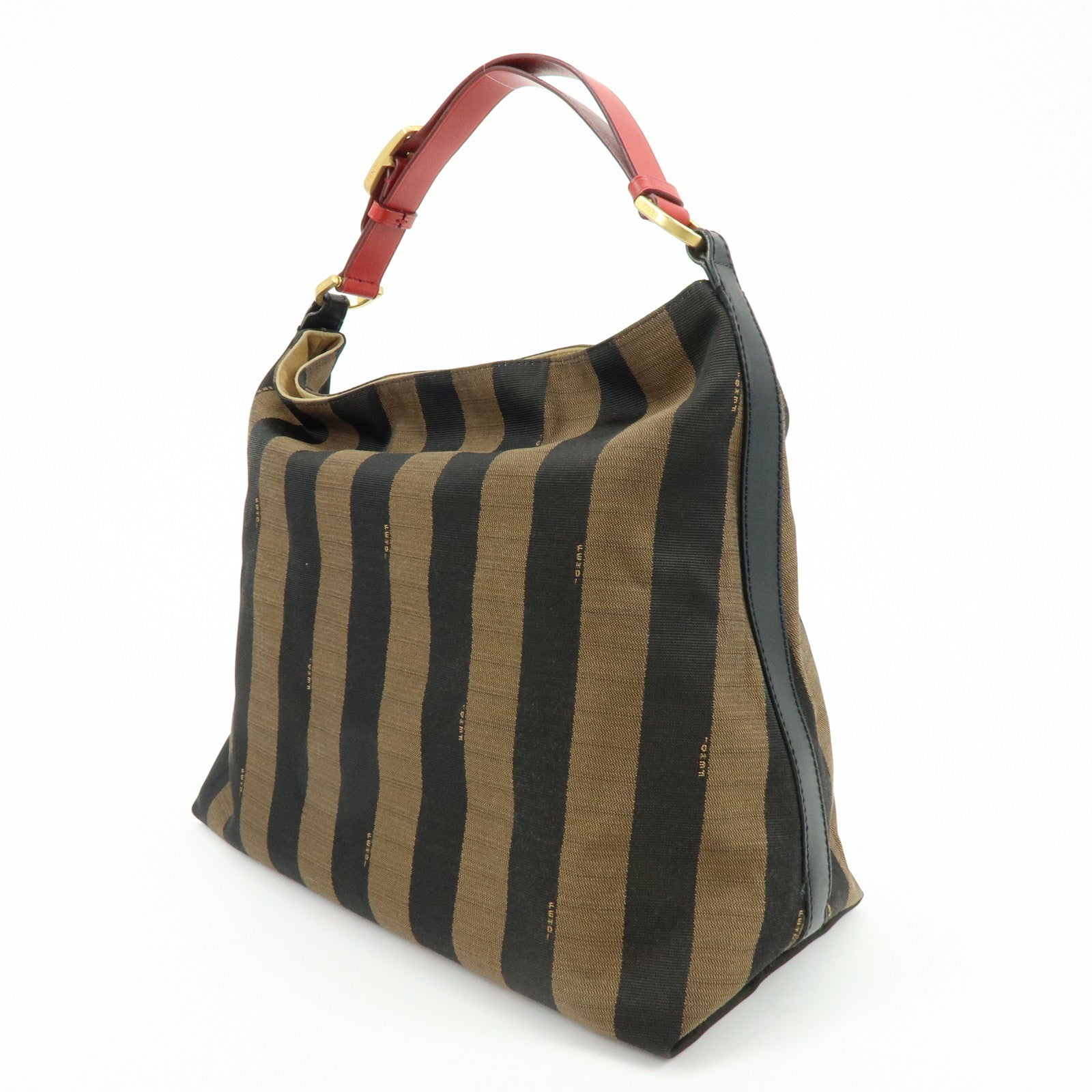 FENDI Pequin Canvas Leather Shoulder Bag Hand Bag Brown Red 8BR653