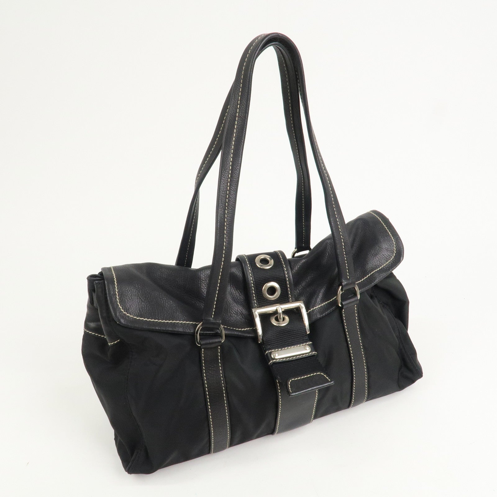 PRADA Triangle Logo Nylon Leather Shoulder Bag Black BR2418
