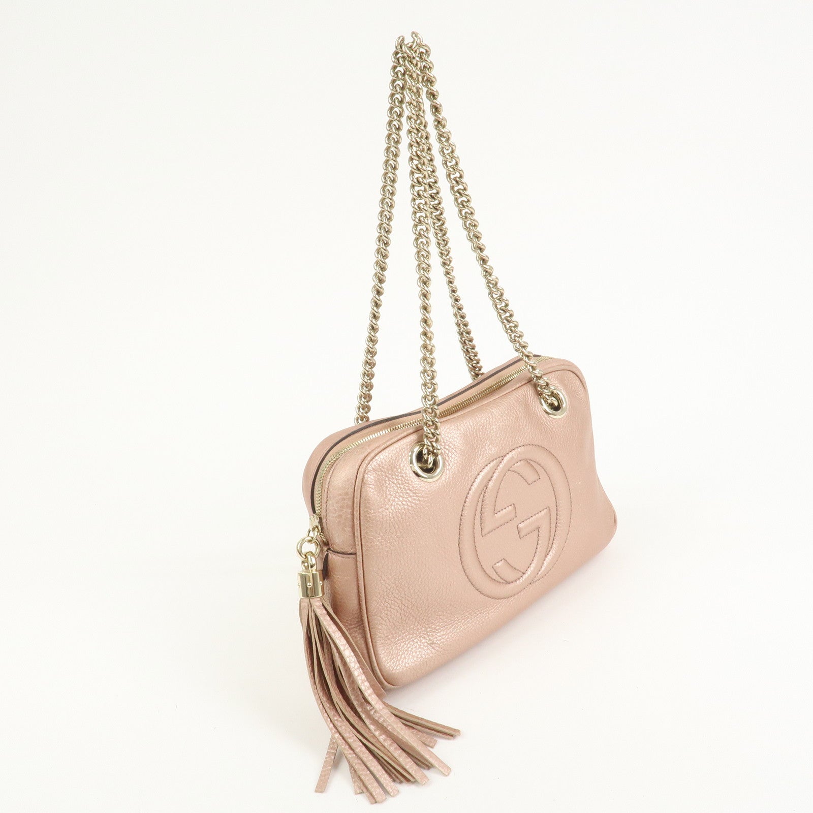 GUCCI SOHO Interlocking G Leather Shoulder Bag Metallic Pink 308983