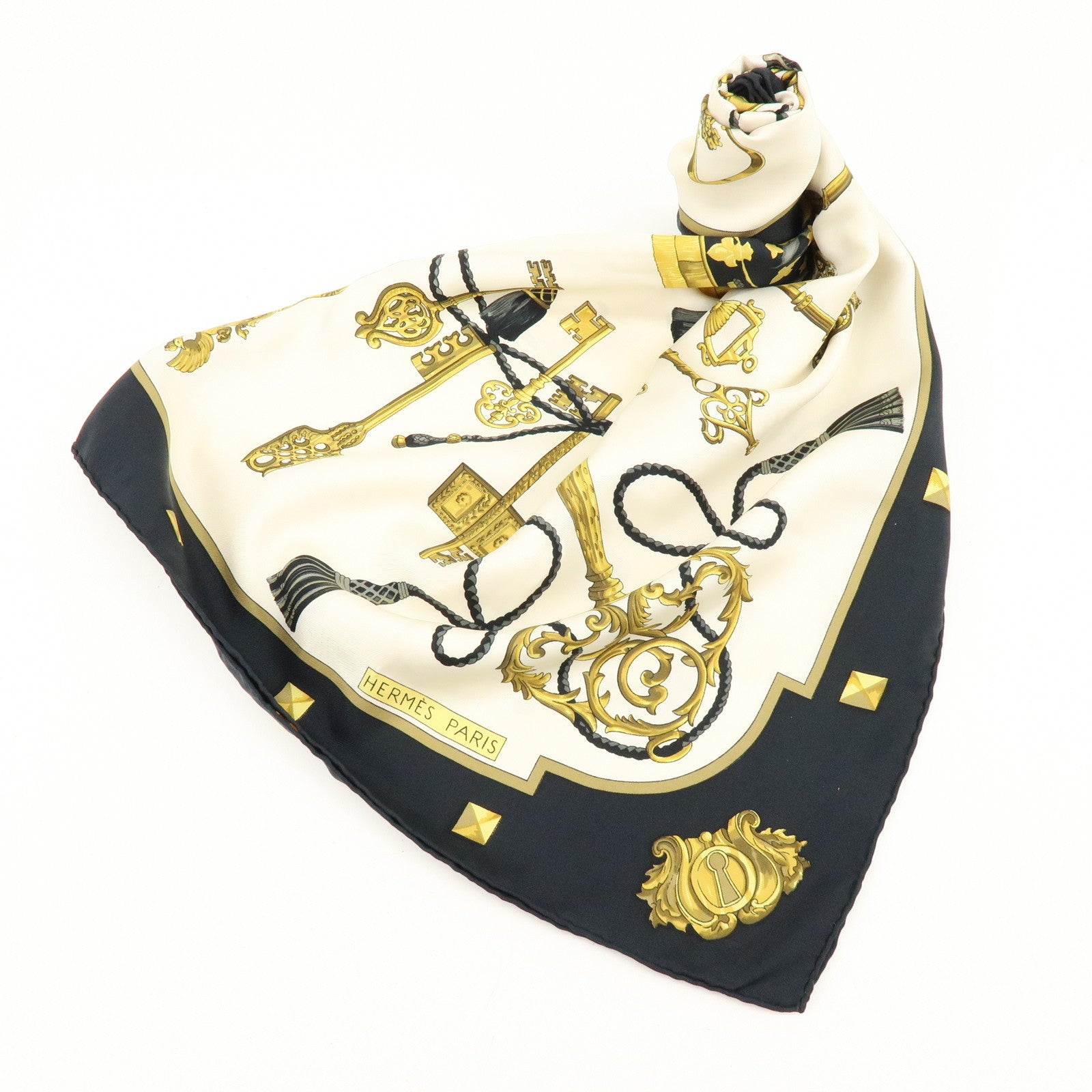 HERMES Carre 90 Silk 100% Scarf LES CLES THE KEYS RARE Black White