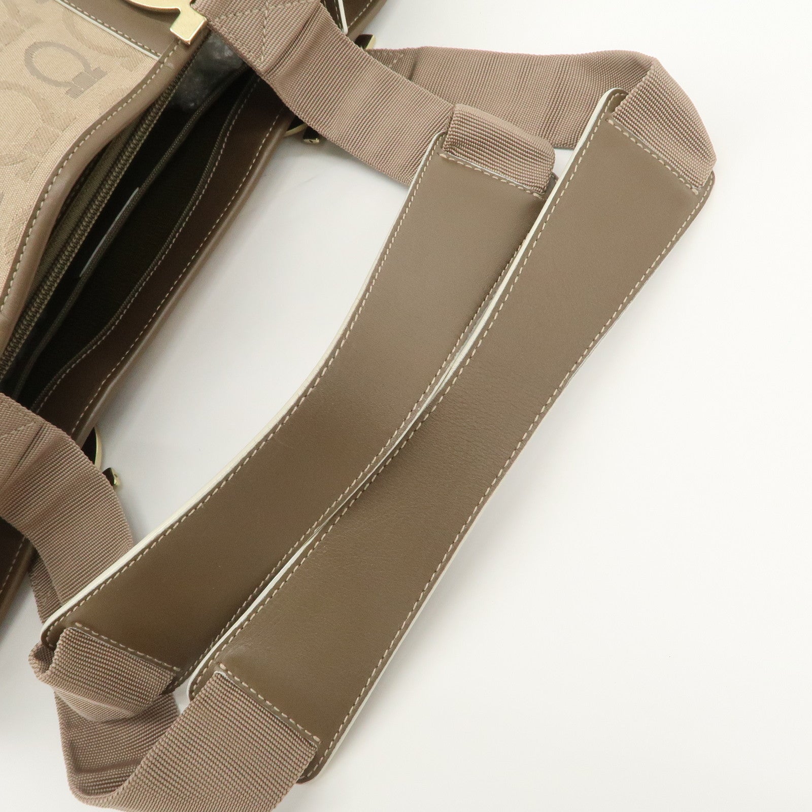 Ferragamo Gancini Canvas Leather Tote Bag Shoulder Bag Beige Brown