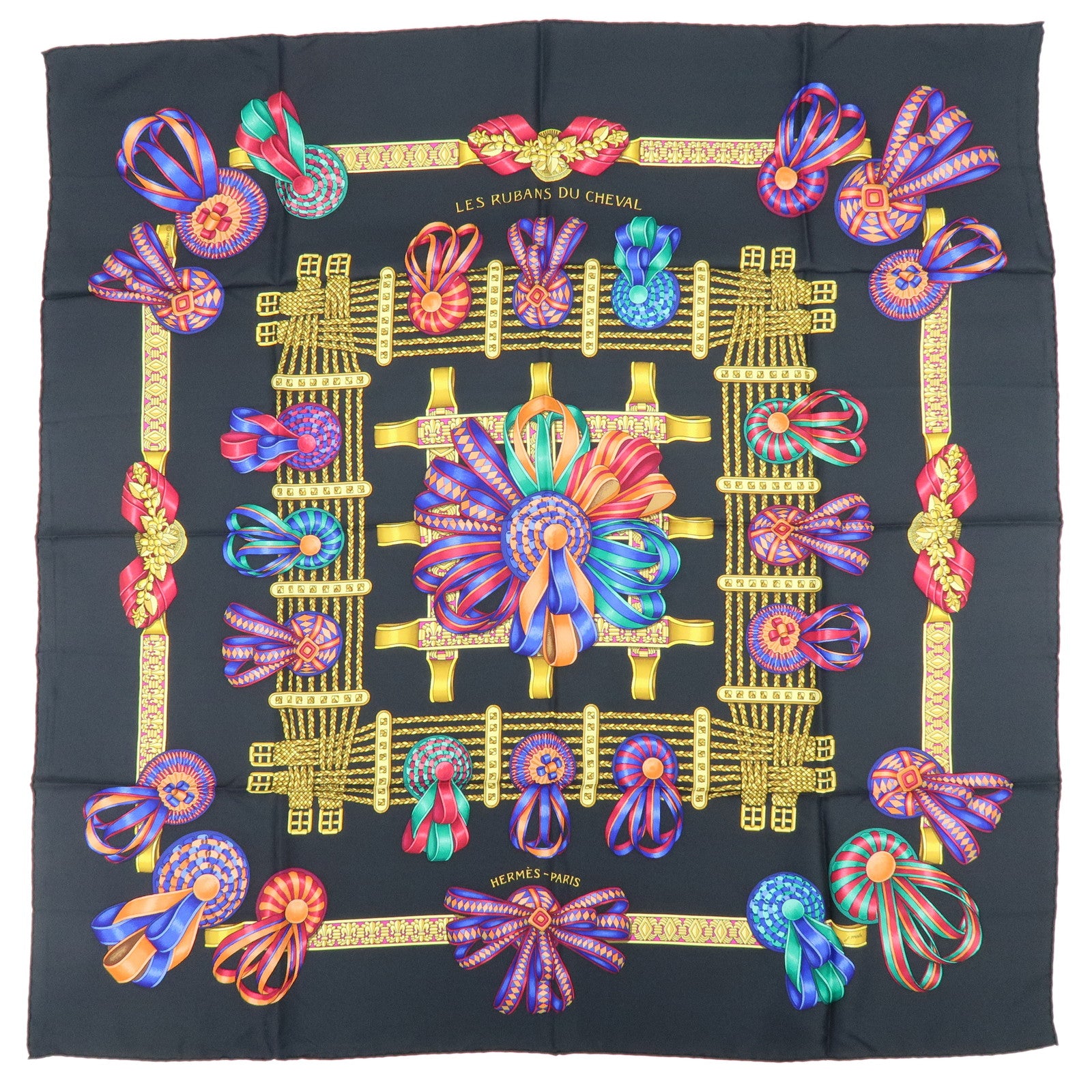 HERMES Carre 90 Silk 100% Scarf LES RUBANS DU CHEVAL Black