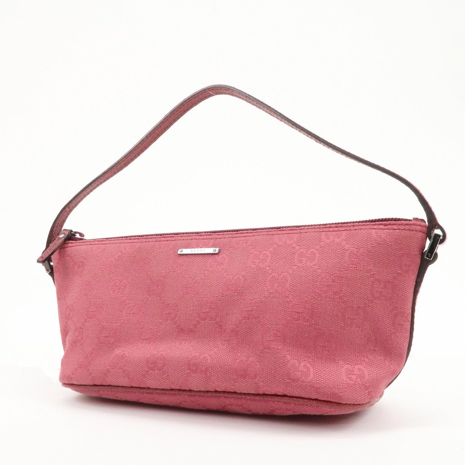 GUCCI Boat Bag GG Monogram Canvas Leather Hand Bag Pouch Pink 07198