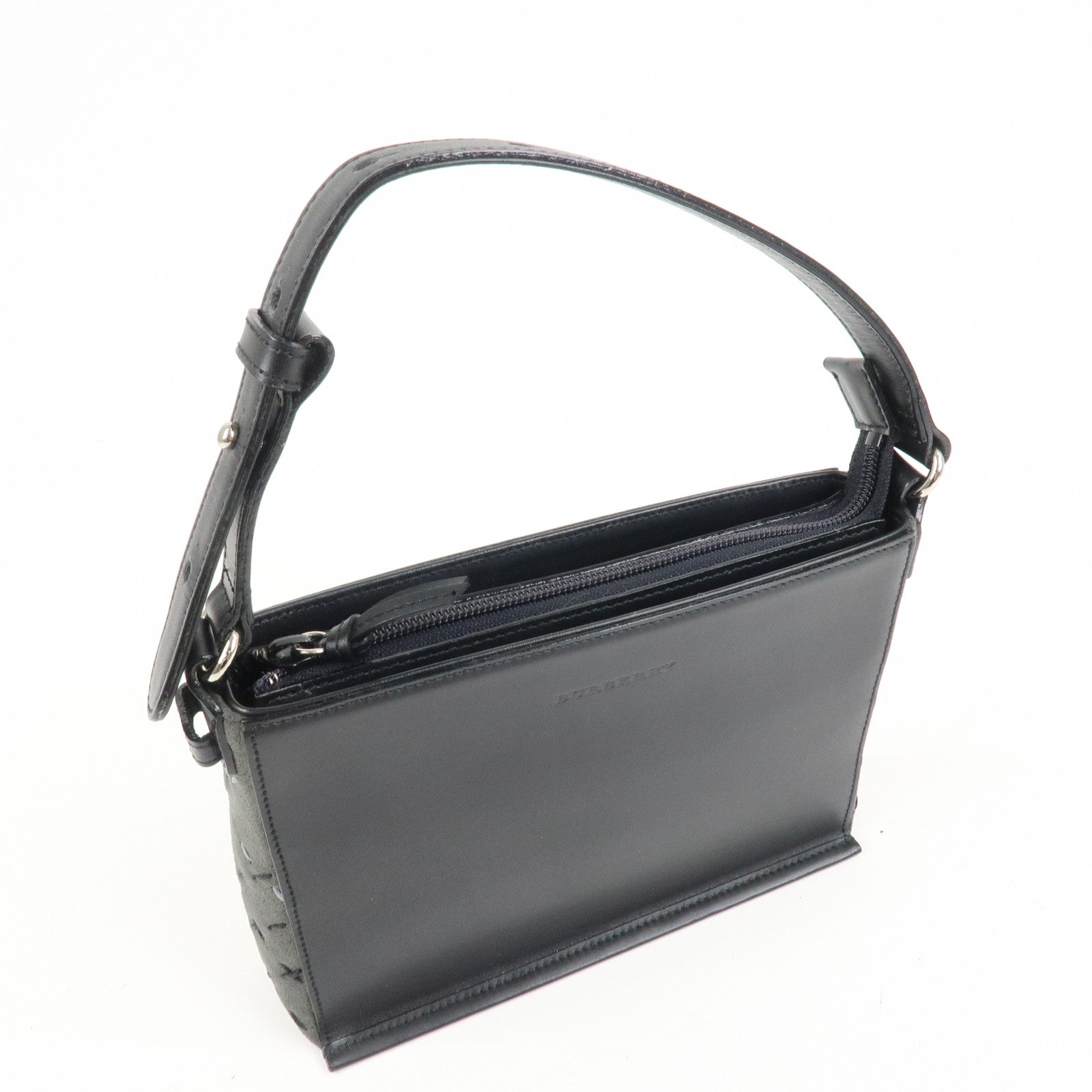 BURBERR Logo Cotton Leather Adjustable Hand Bag Shoulder Bag Black