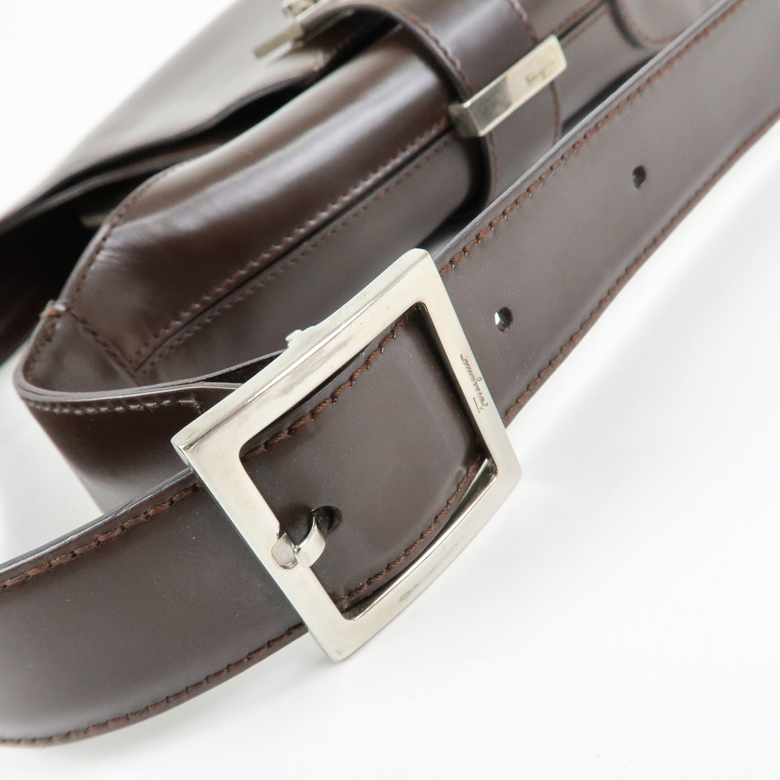 Ferragamo Gancini Leather Shoulder Bag Hand Bag Dark Brown