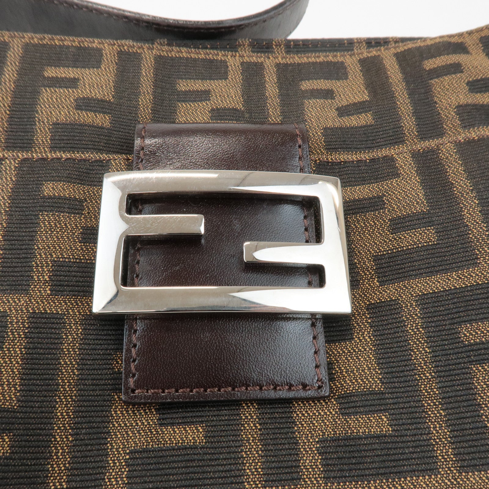 FENDI Zucca Canvas Leather Semi Shoulder Bag Black Brown 26566