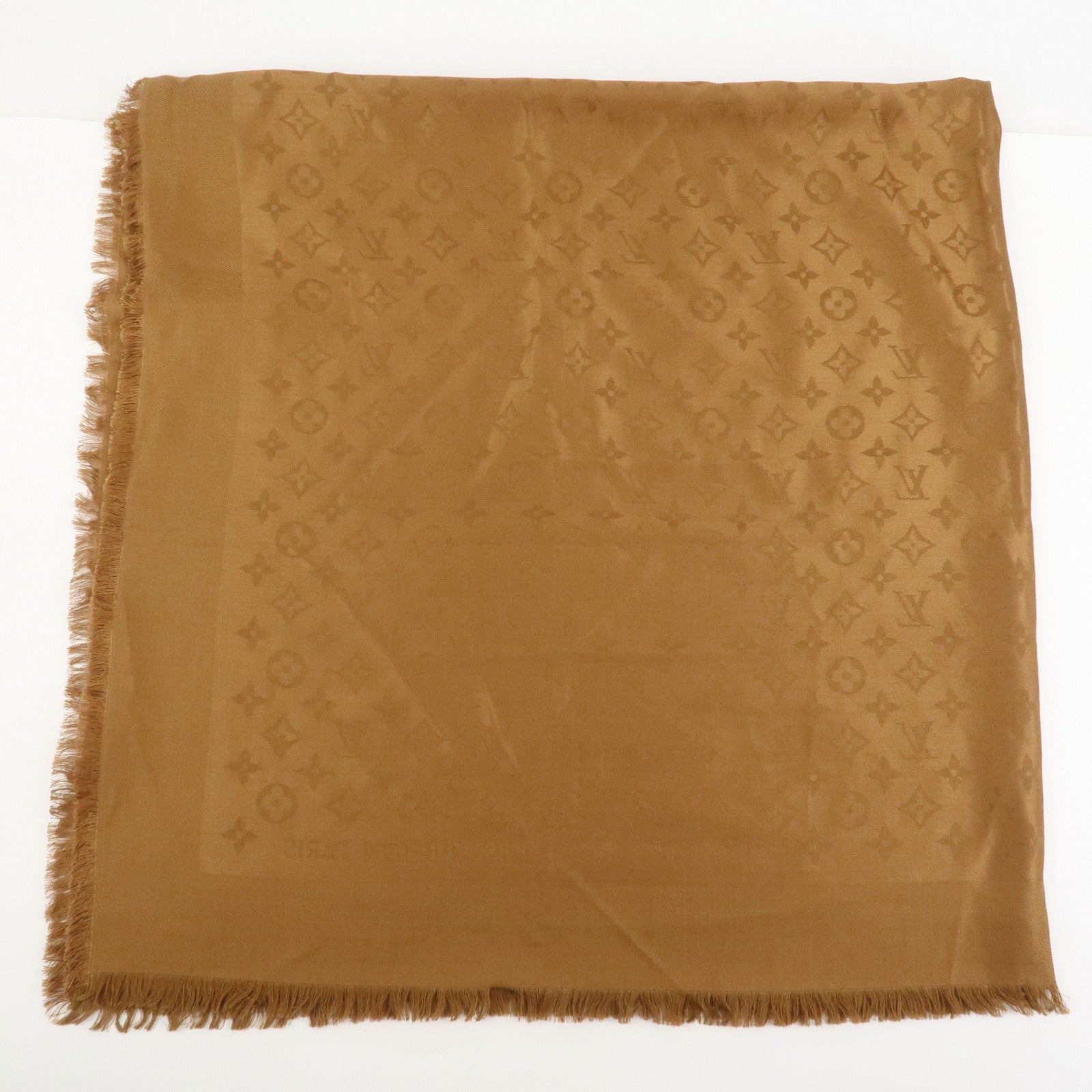 Louis Vuitton Monogram Silk Wool Shawl Scarf Light Brown M71155