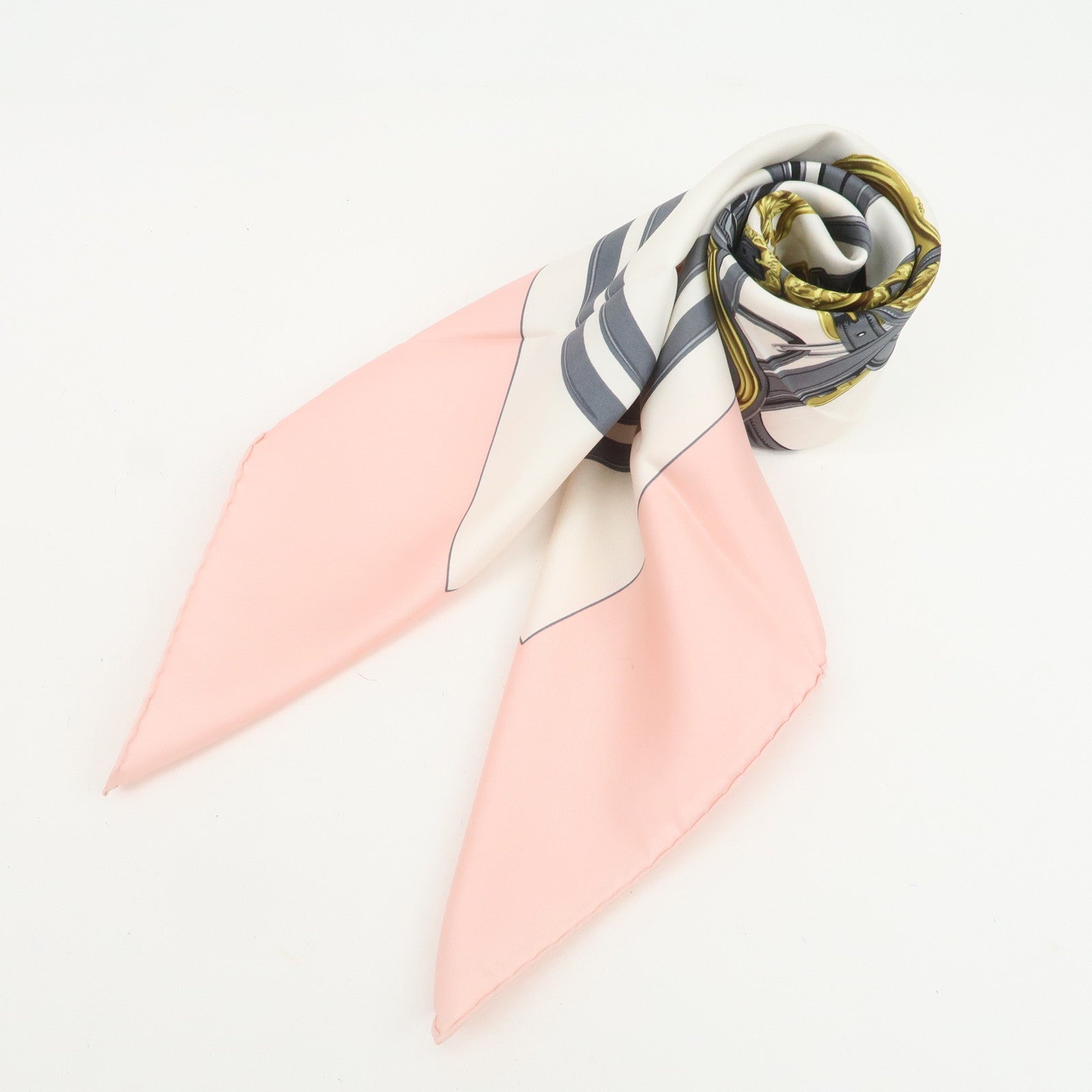 HERMES Carre 90 Silk 100% RIDES DE GALA Scarf Light Pink White