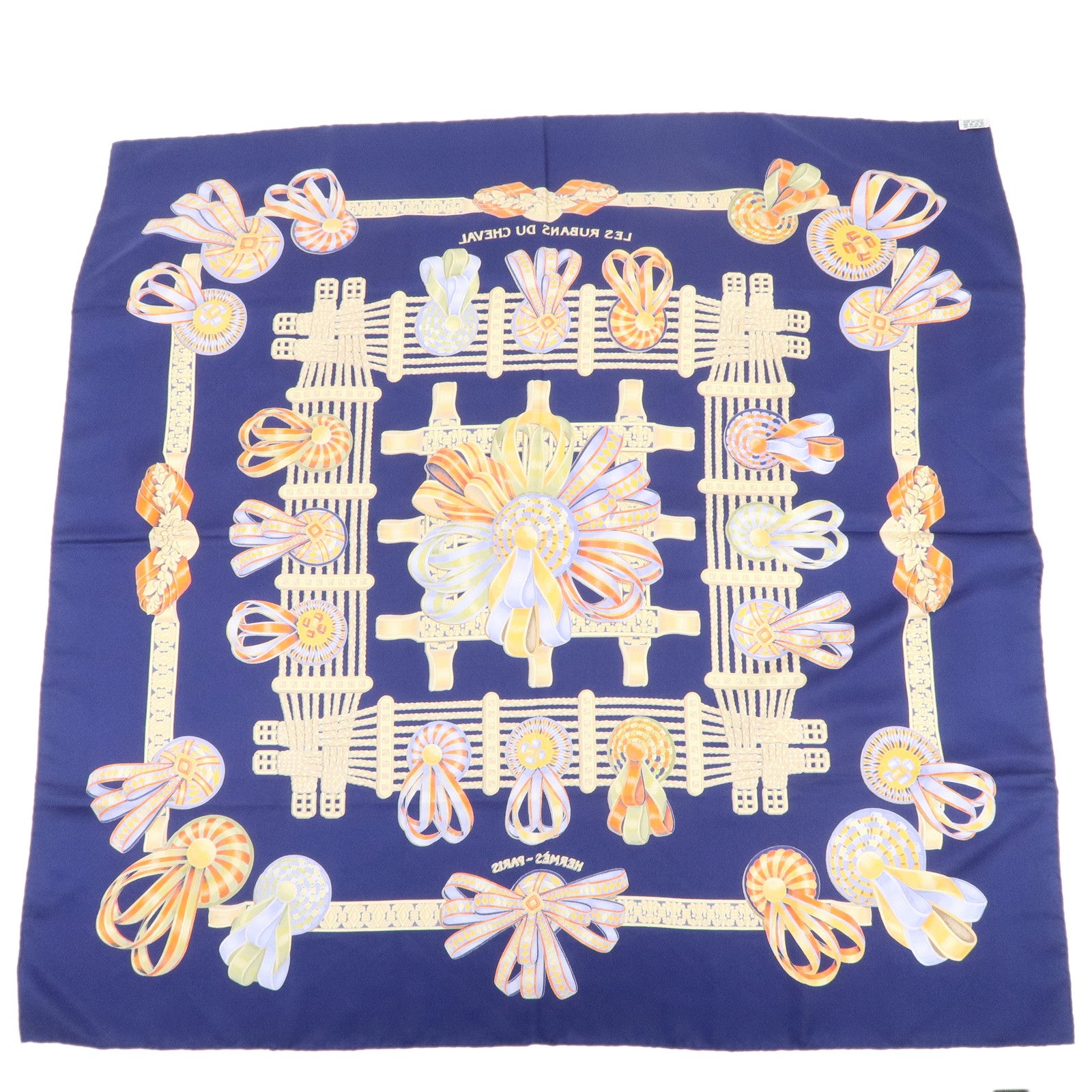 HERMES Carre 90 LES RUBANS DU CHEVAL Silk 100% Scarf Navy