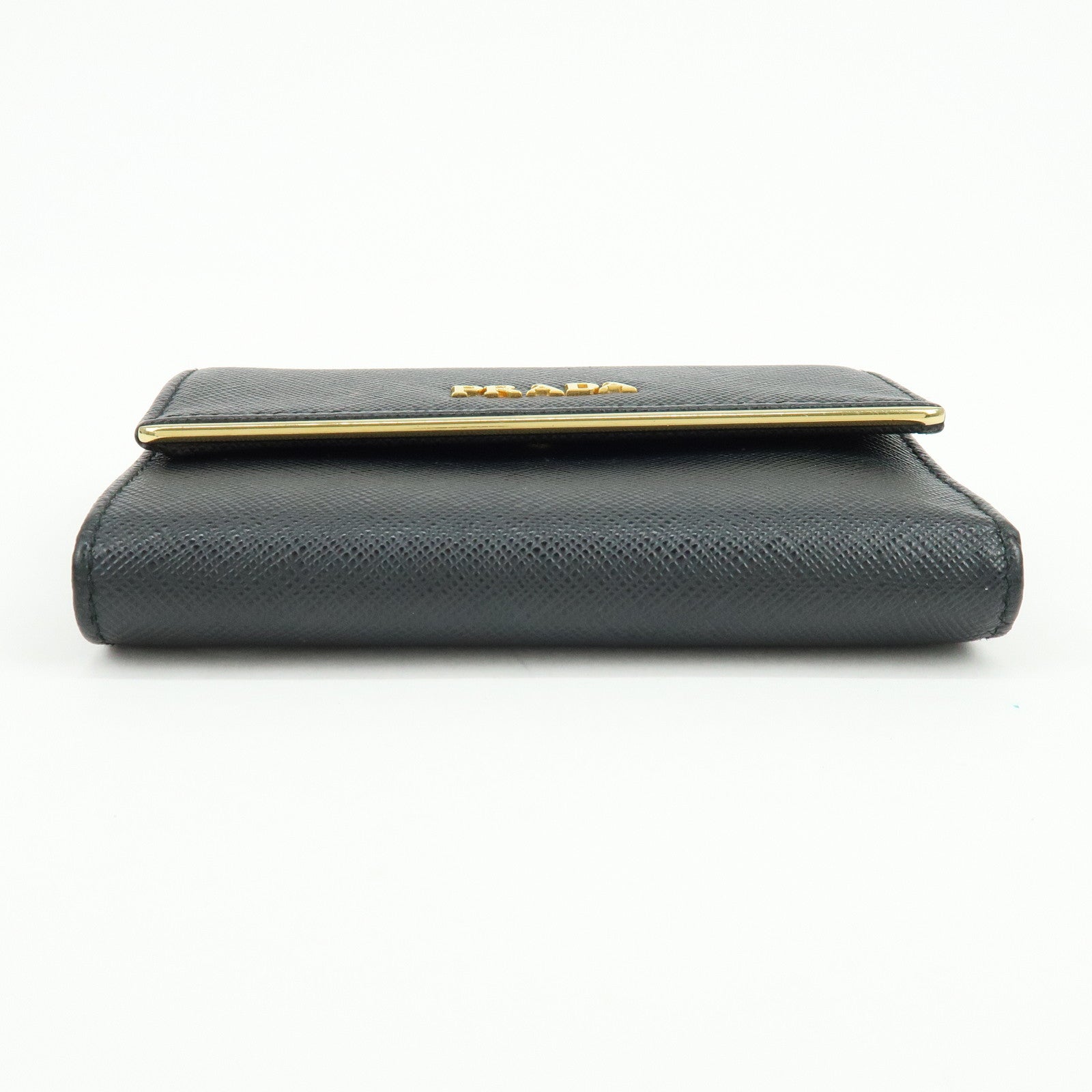 PRADA Saffiano Leather Bi-fold Compact Wallet Black Gold 1MH840