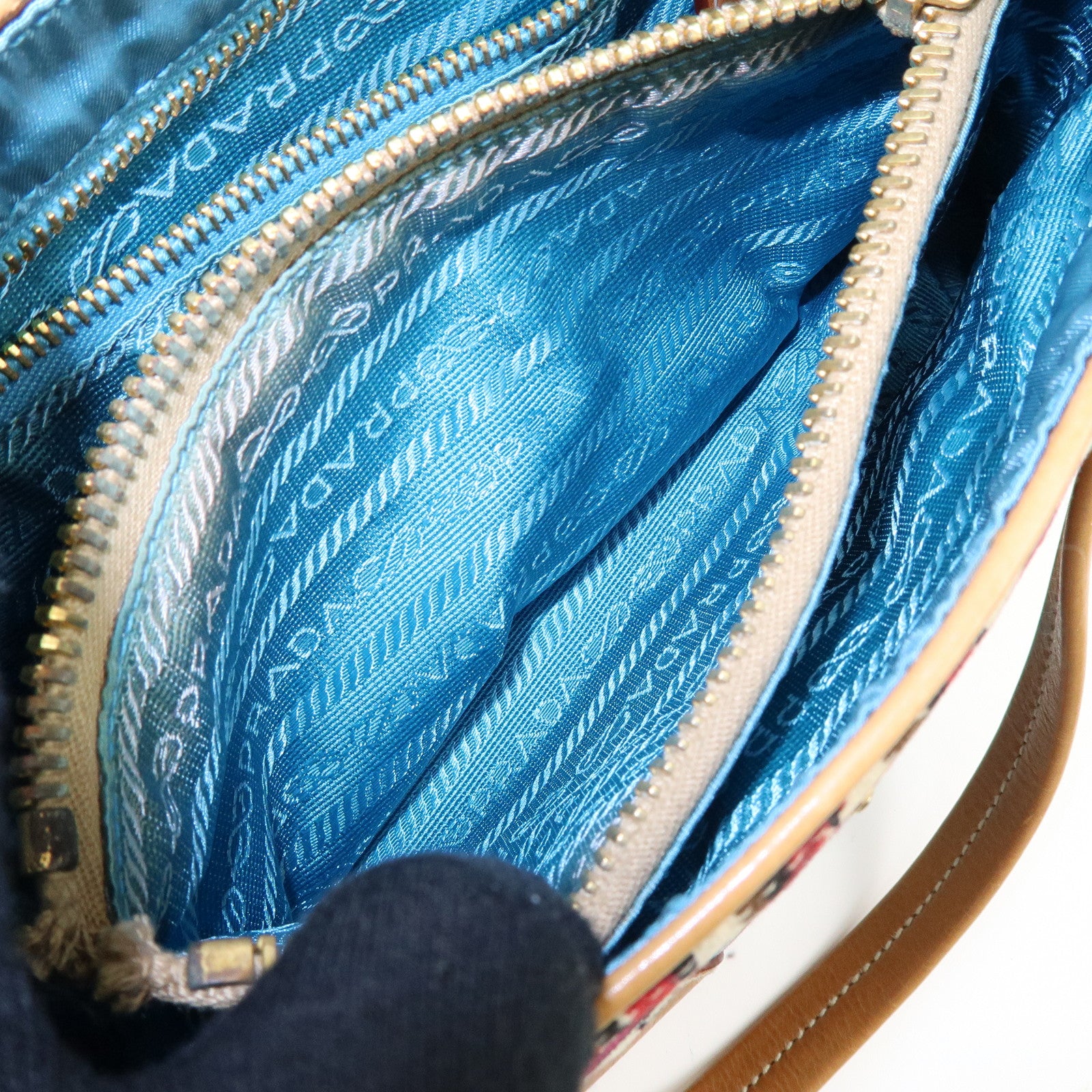 PRADA Triangle Logo Canvas Leather Hand Bag Light Brown Blue