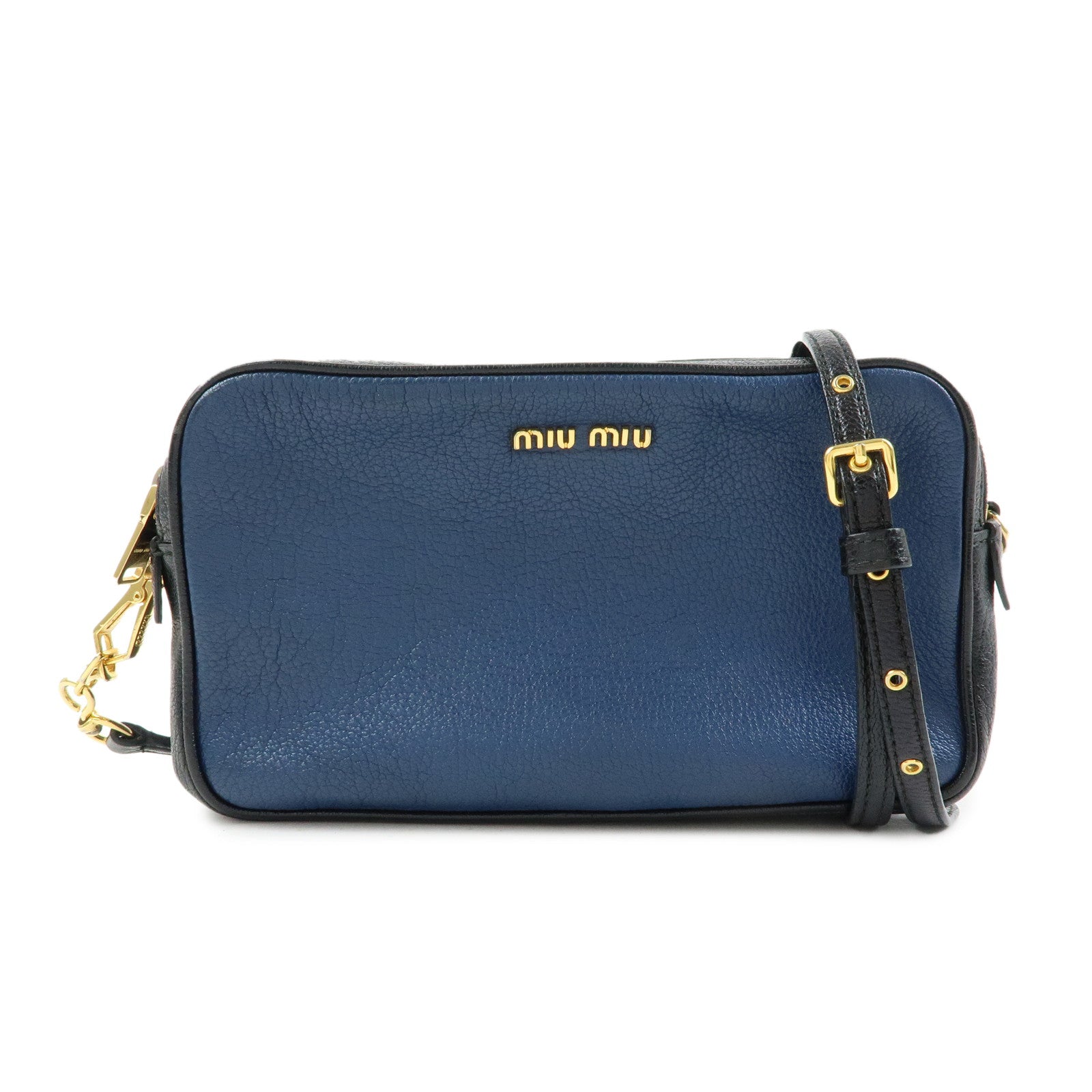 MIU MIU Logo Leather Shoulder Bag Crossbody Bag Blue Black