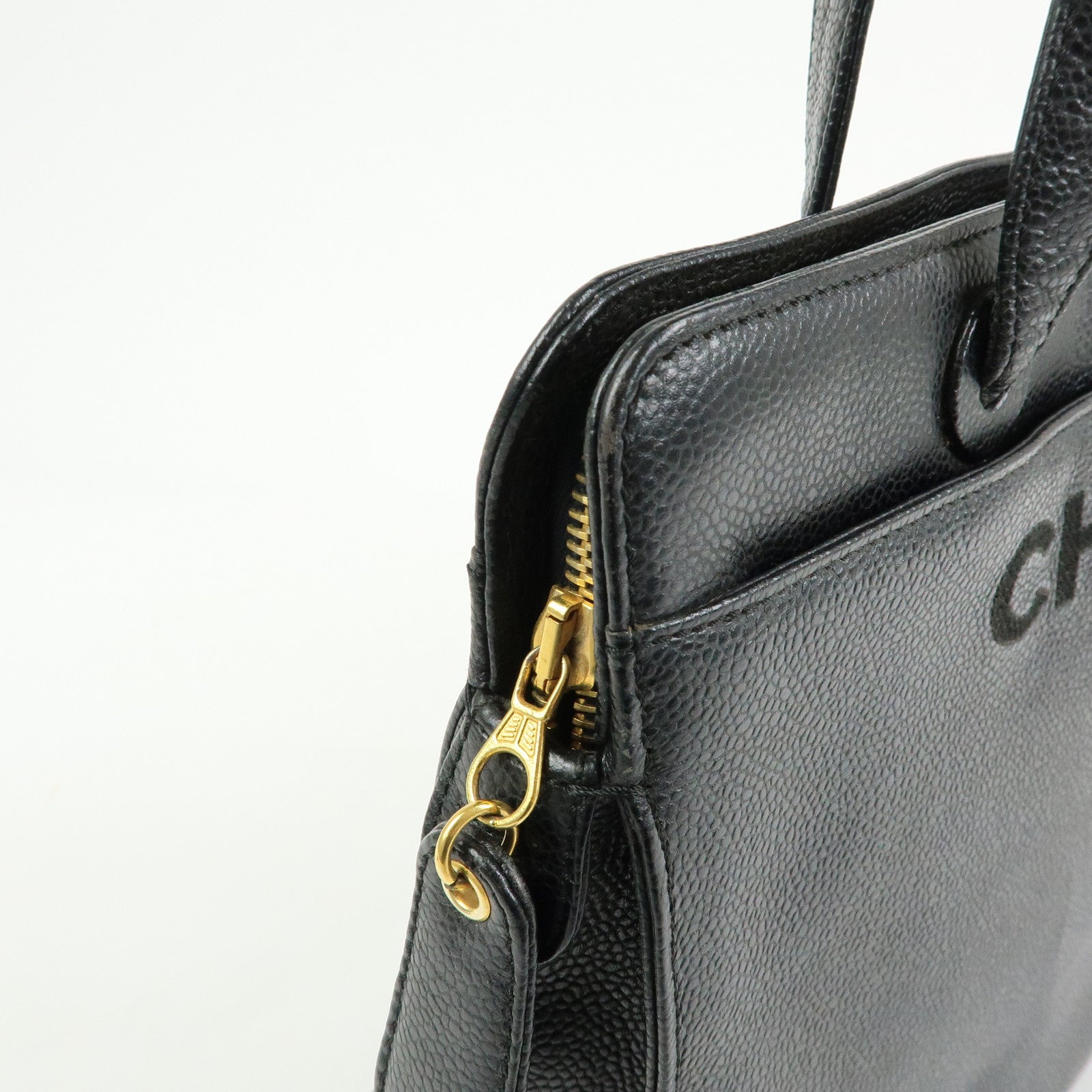 CHANEL Logo Caviarskin Tote Bag Hand Bag Black